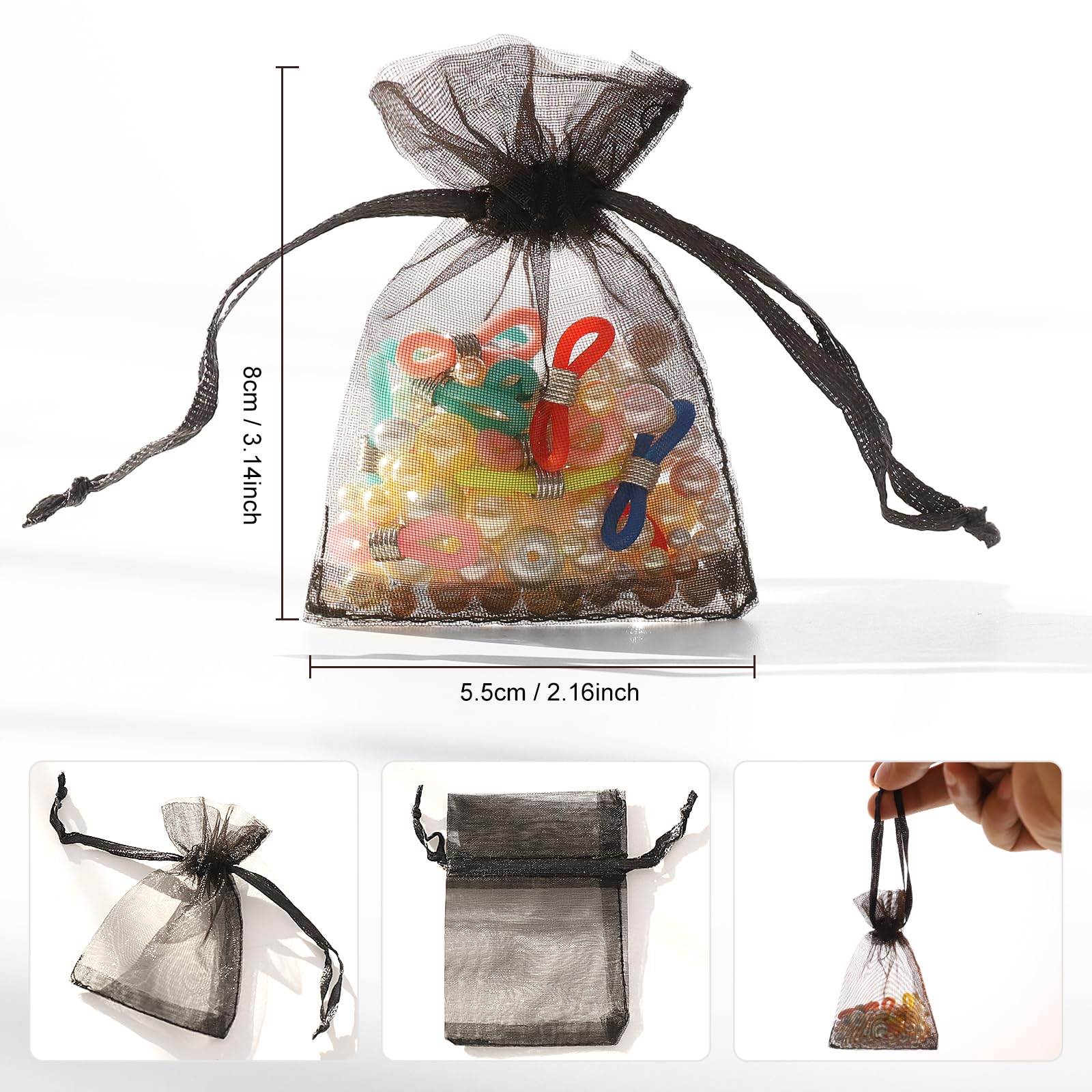 WenTao 100pcs 2x3 Inch Black Organza Drawstring Bags - Small Jewelry Gift Pouches for Earrings, Rings & Party Favors - Perfect for Wedding, Birthday & Bridesmaid Gifts