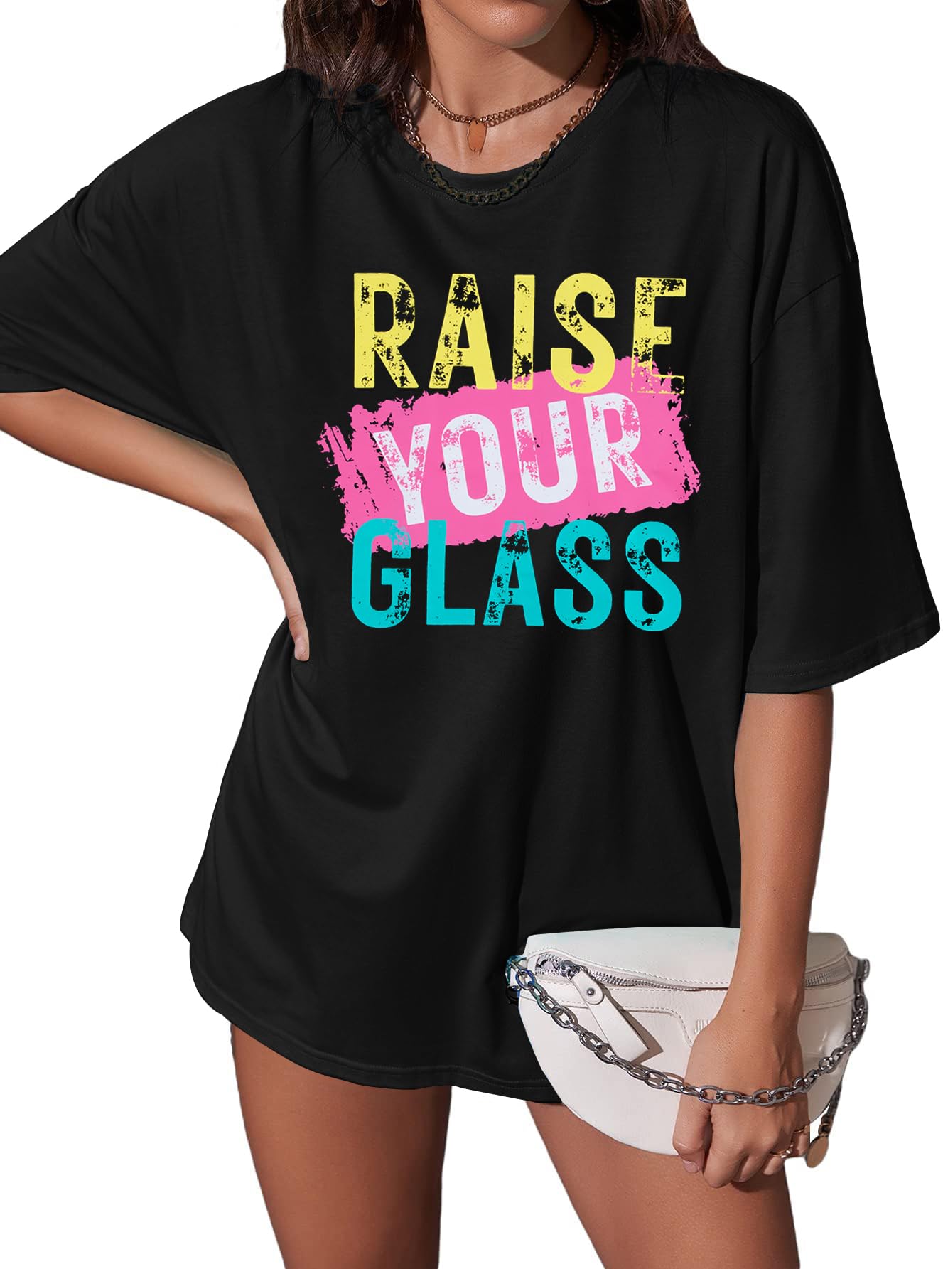 Raise Your Glass Women's Graphic T-Shirt - Oversized Concert Tee, Loose Short Sleeve Summer Top for Music Festivals & Casual Outings