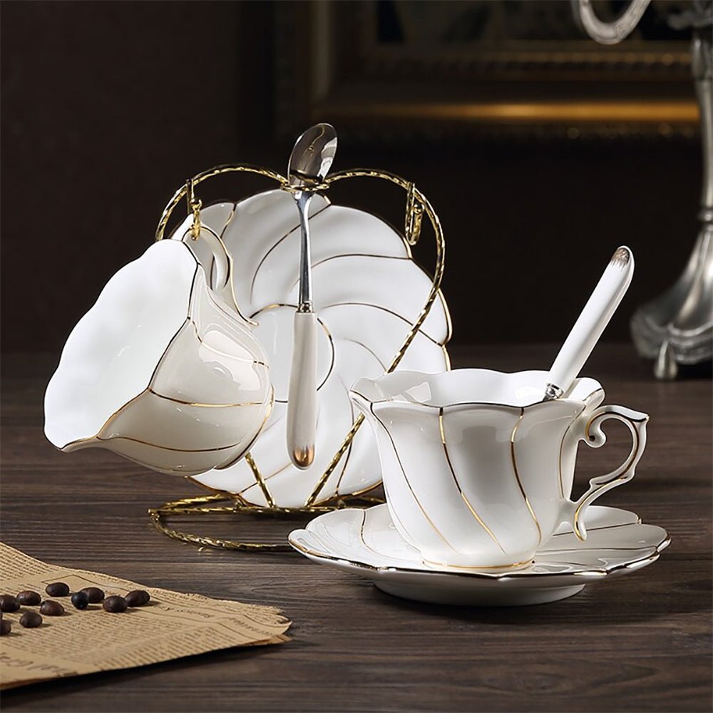 Premium Freesia Tea Cups and Saucers Set - Elegant Porcelain Tea Set for Afternoon Tea, Bridal Shower, and Home Decor - 6-Piece Floral Tea Cup Set with Saucers