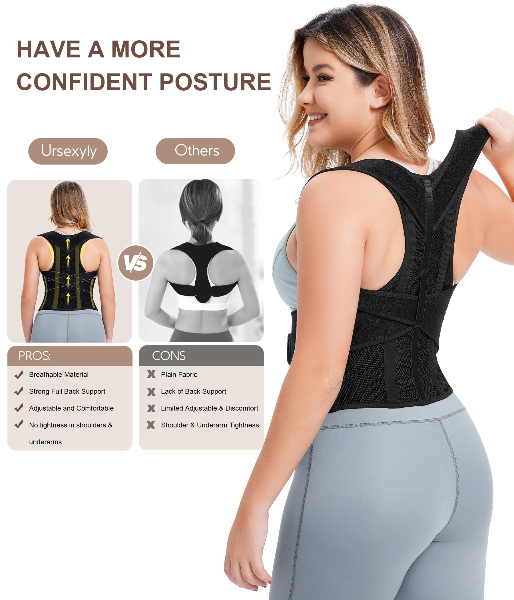 URSEXYLY Adjustable Back Brace Posture Corrector for Women - Upper & Lower Back Pain Relief, Spine Support & Shoulder Straightener (Black, Large) - Ideal for Office Work, Driving & Daily Posture Improvement