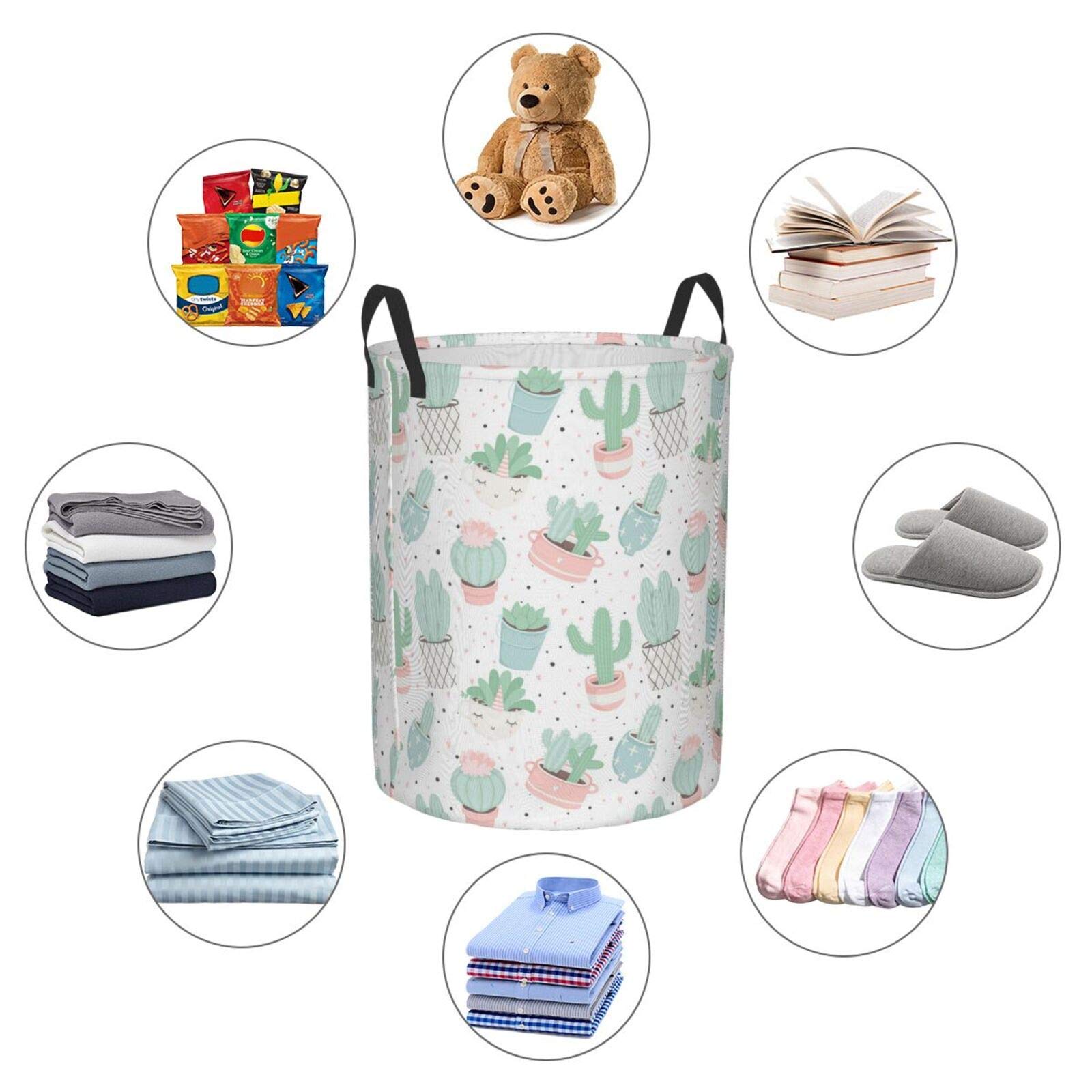 Cute Cacti Succulents Pattern Collapsible Laundry Basket with Handle - Waterproof Fabric Hamper for Dirty Clothes, Toys & Bathroom Storage - Foldable Organizer Bin for Home, Dorm & RV Use