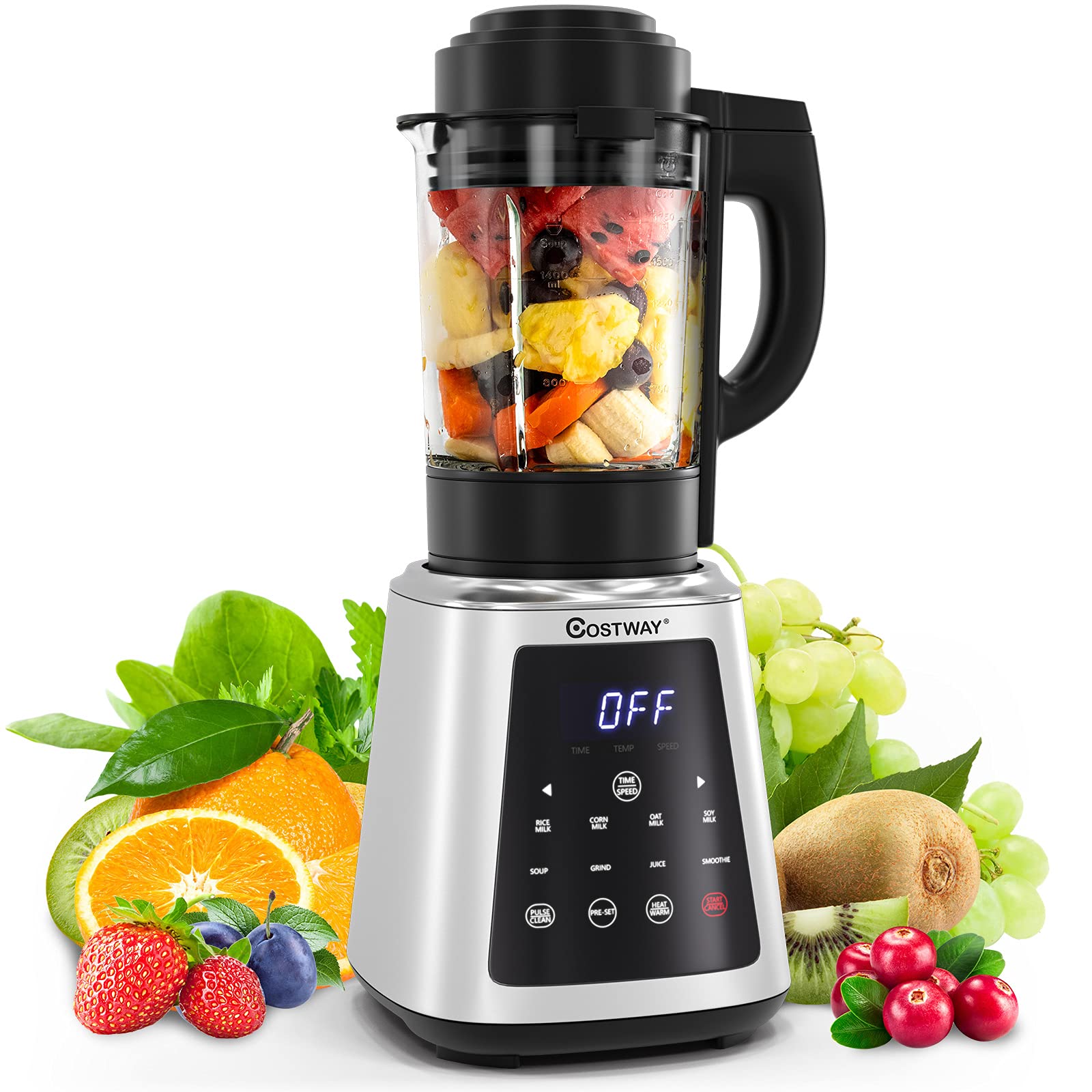 COSTWAY 8-in-1 Professional Countertop Blender 1200W with 59oz Glass Jar, 10-Speed Settings & Timer - Perfect for Smoothies, Juices, Soups, Grinding & Self-Cleaning - Ideal for Home Kitchen, Restaurant & Healthy Lifestyle