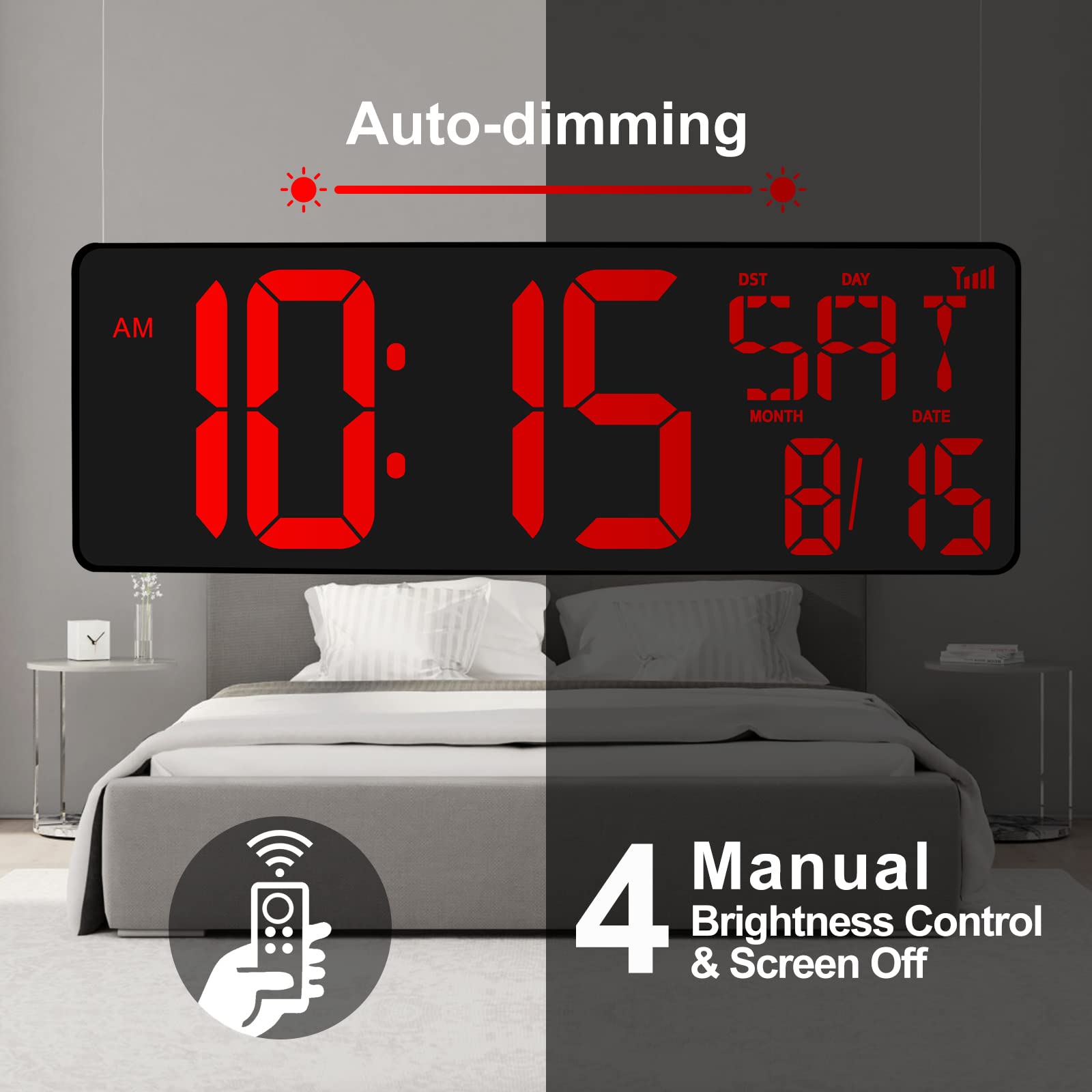 XREXS 16.5 Inch Large Digital Wall Clock with WiFi Sync - Big LED Display Shows Time, Temperature, Date & Week - Remote Control Alarm Clock with Auto-Dimming for Home, Office, Classroom and Bedroom
