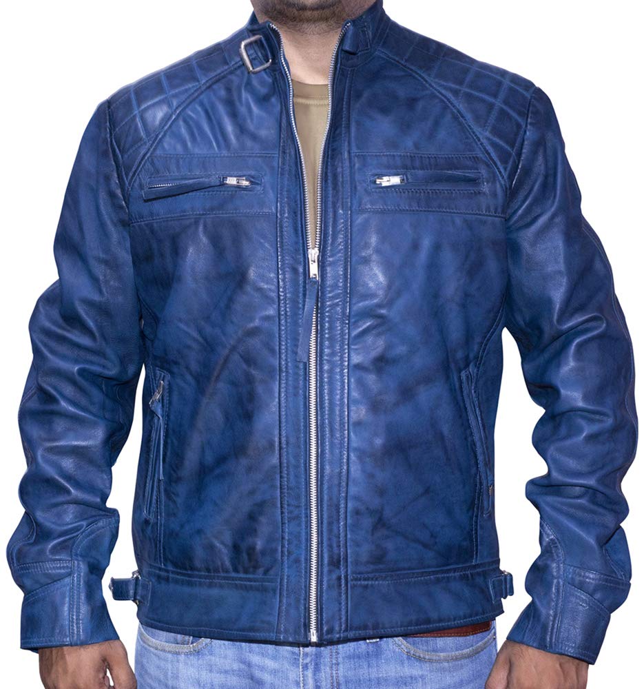 Genuine Sheepskin Leather Jacket for Men - Soft Shiny Biker Style Quilted Jacket - Real Leather Motorcycle Jacket - Perfect for Riding, Casual Wear & Outdoor Adventures (AS/NZ-7219013)