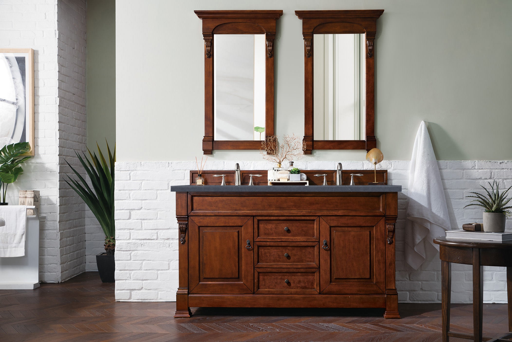 Brookfield 60-Inch Double Vanity with Warm Cherry Finish & 3CM Charcoal Soapstone Quartz Top - Perfect for Master Bathroom Renovation and Luxury Home Upgrade