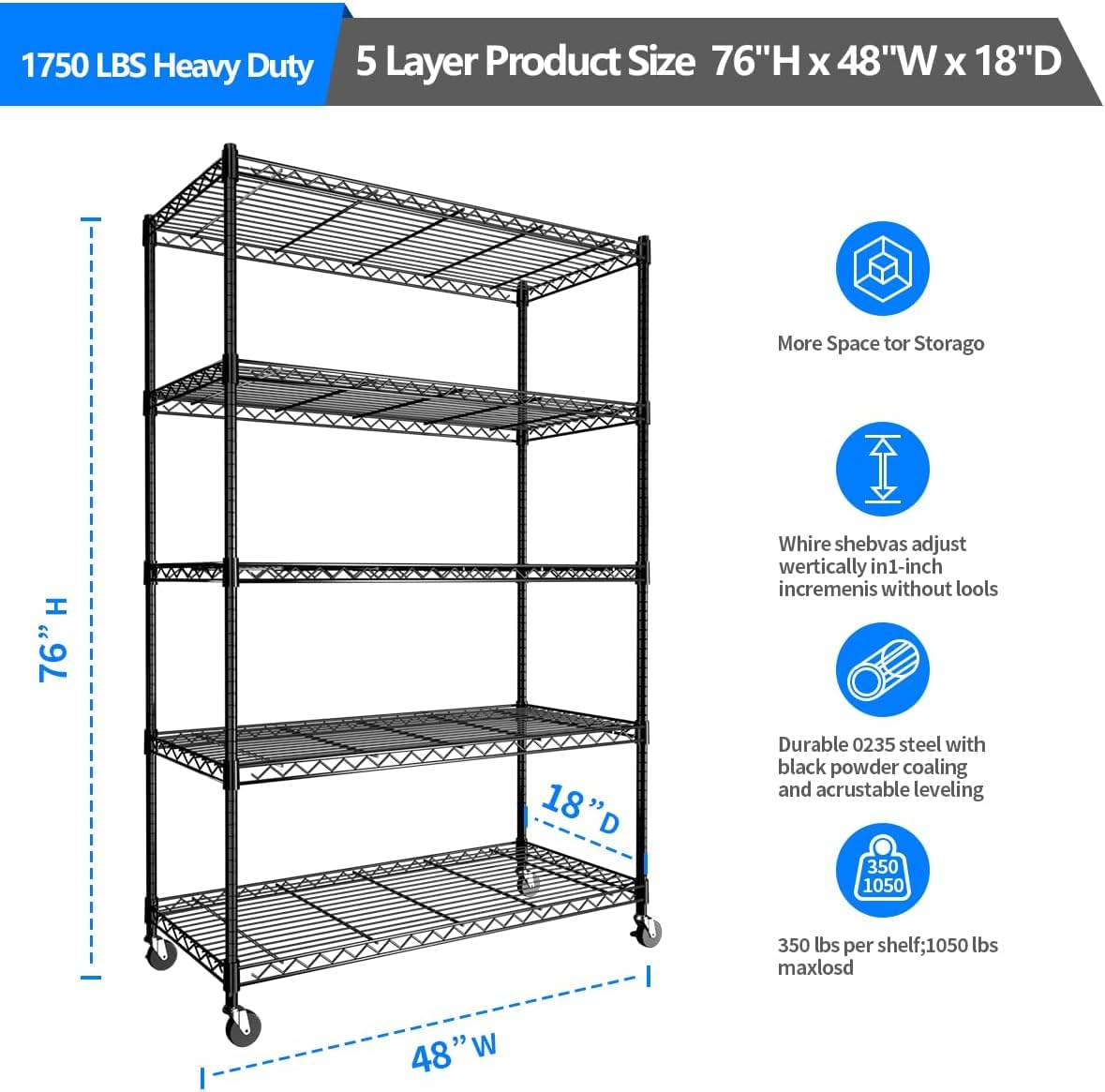 5-Tier Adjustable Heavy Duty Steel Wire Storage Shelving Unit with Wheels & Adjustable Feet - 350 lbs Capacity per Shelf for Pantry, Garage, Kitchen, Office & Warehouse Organization