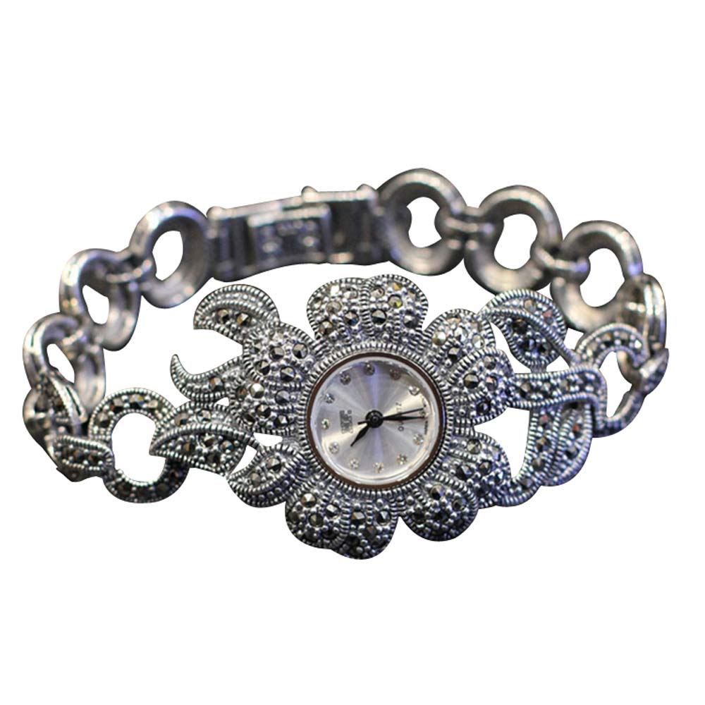JadeAngel Women's Flower Style Watch with Pave Marcasite & 925 Sterling Silver - Elegant Dress Watch for Women, Perfect for Parties, Weddings & Special Occasions