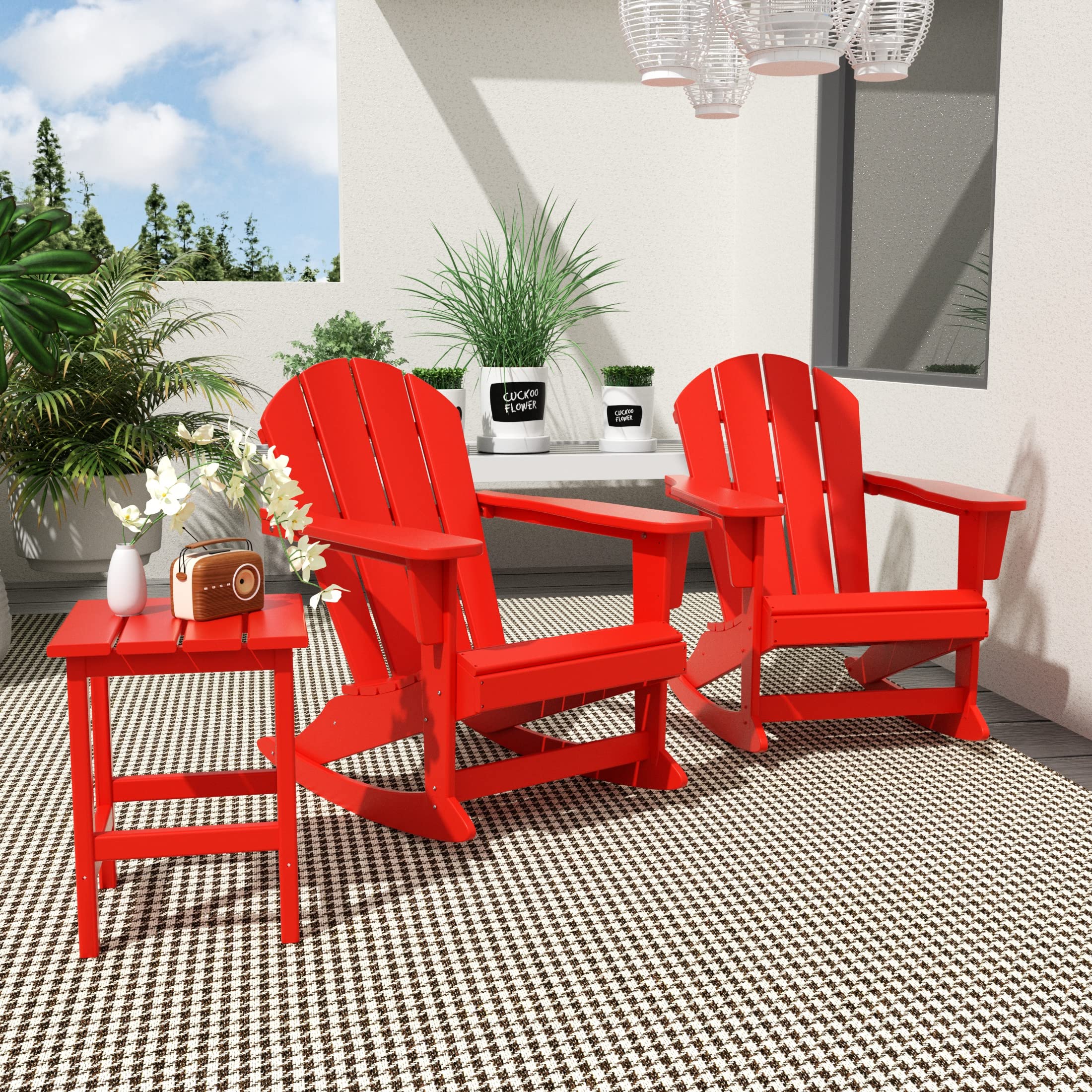 **WO Home Furniture 3-Piece Patio Rocking Chair Set - Classic Red Adirondack Outdoor Rocking Chairs with Side Table - Perfect for Garden, Deck, Porch & Backyard Relaxation**