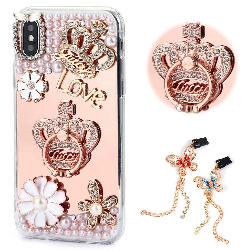 STENES Bling Phone Case for iPhone 11 - 3D Handmade Crystal Crown Ring Stand with Flower Design & Butterfly Dust Plugs - Protective Cover [2 Pack] Gold - Perfect for Parties, Weddings & Special Occasions