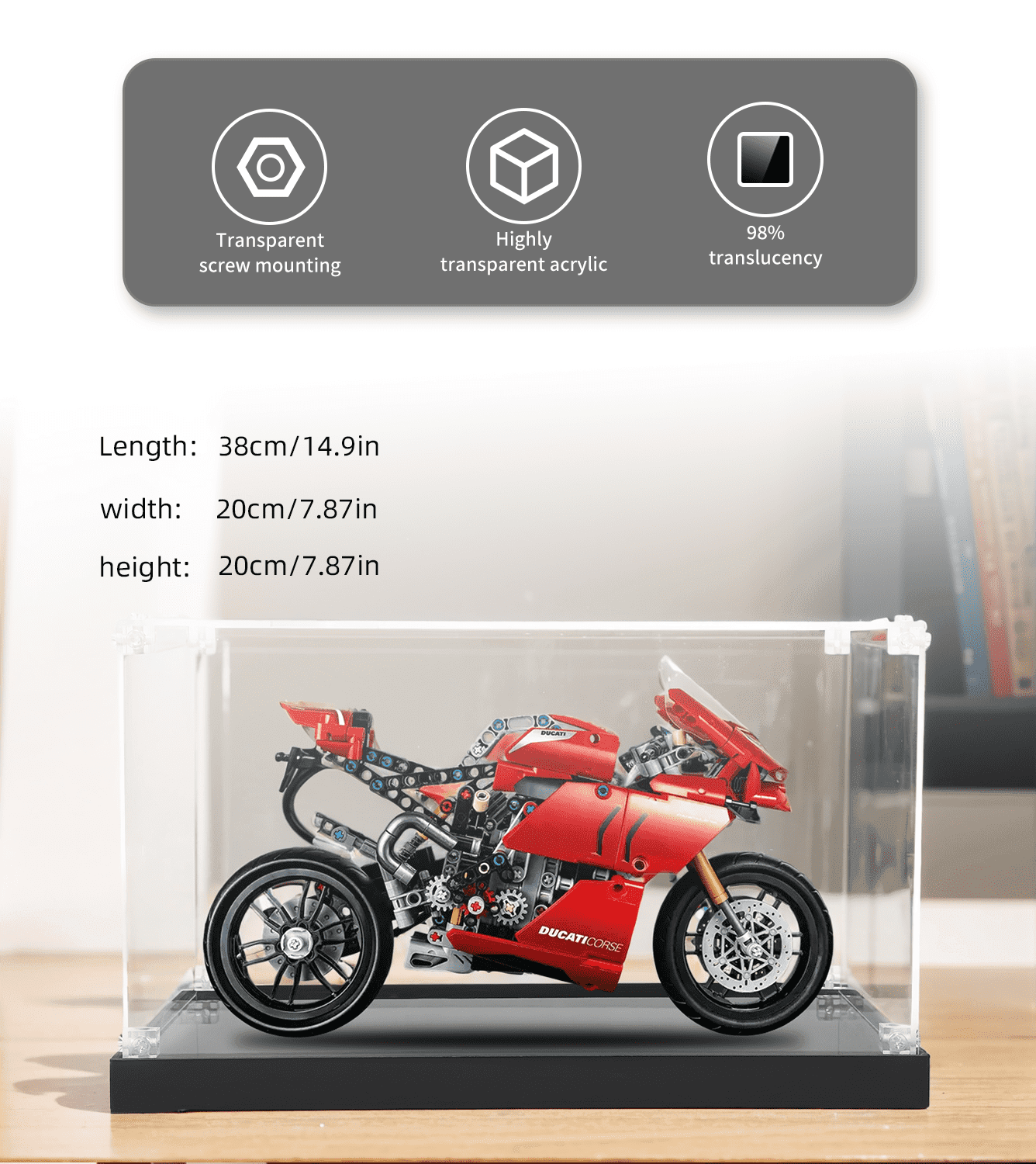 LEGO Technic Ducati Panigale V4 R 42107 Display Case - Premium Acrylic Showcase for Motorcycle Model Collection - Perfect for Home Decor, Office Display & Gift for LEGO Enthusiasts