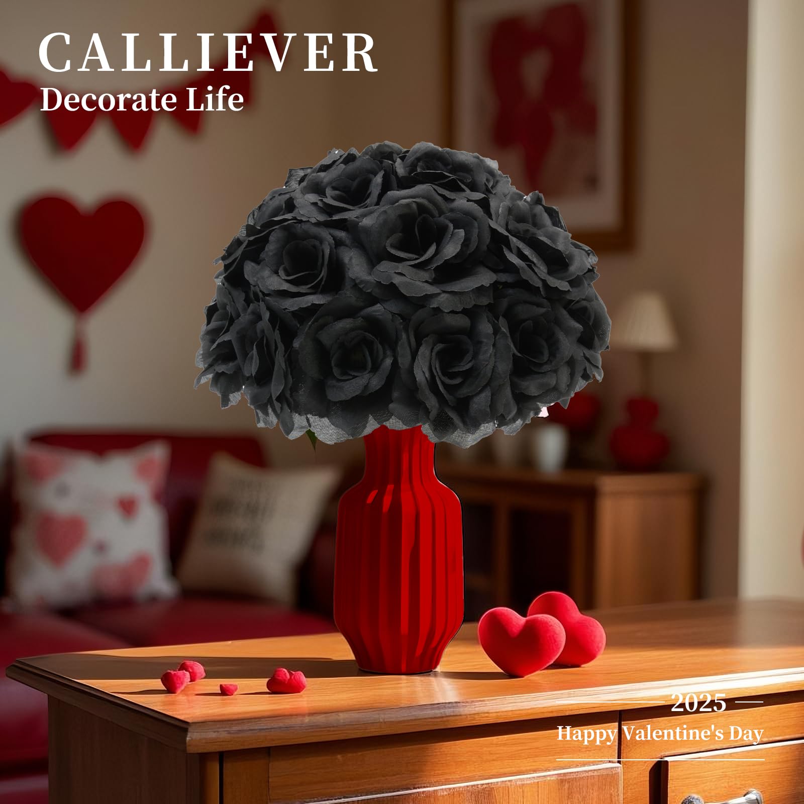50 Pack Black Artificial Silk Rose Flowers with 3