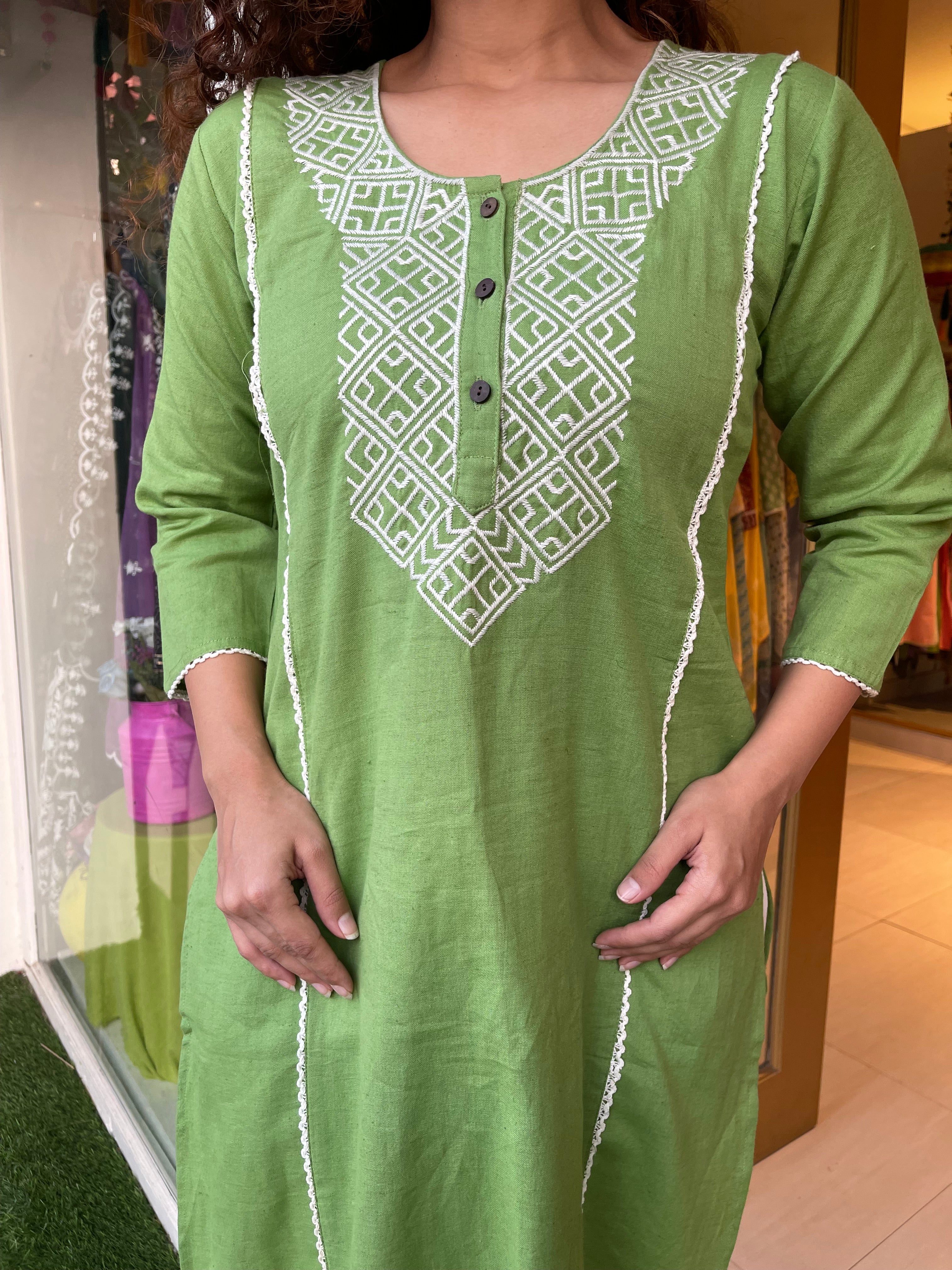 Stylish Green Embroidered Kurta Set with Cross Design - Perfect for Festivals, Weddings & Ethnic Fashion