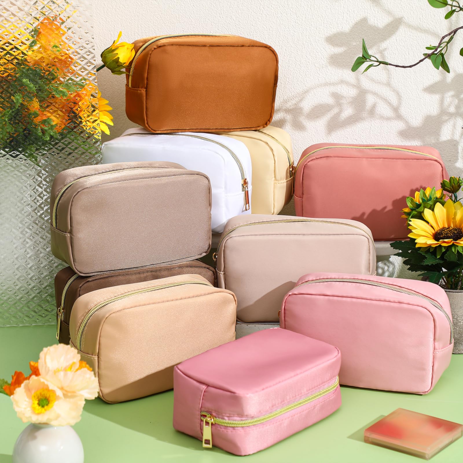 Sweetude Kacctyen 10-Piece Nylon Makeup Bag Set - Reusable Cosmetic Organizer for Women, Large Capacity Travel Toiletry Bag with Zipper (Pink & Brown) - Perfect for Travel, Gym, Daily Makeup Storage & Organization