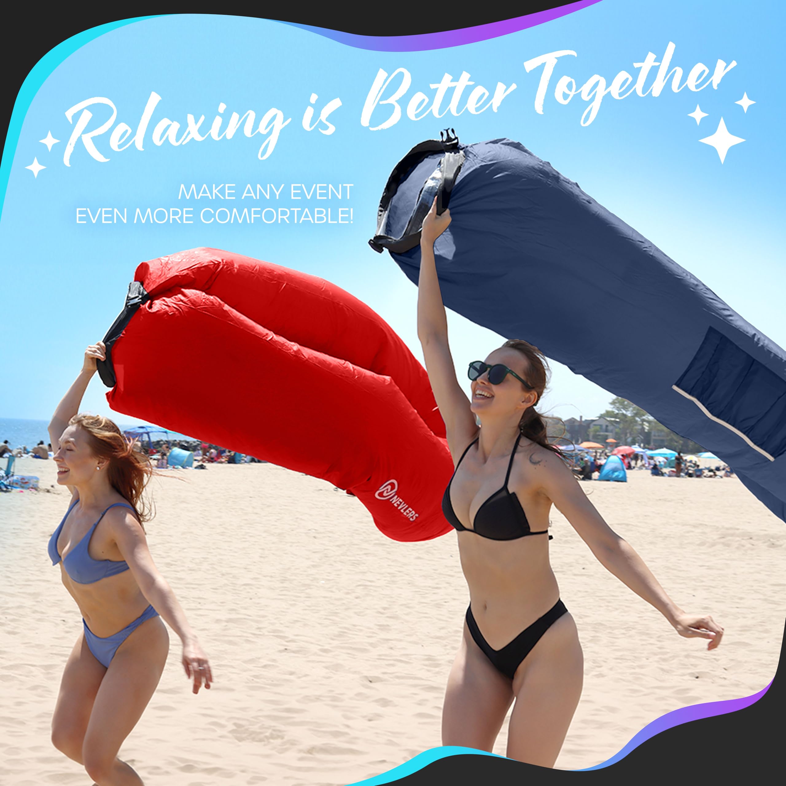 Nevlers 2 Pack Inflatable Lounger Air Sofa Couch - Portable Outdoor Beach Chair, Camping Chair & Travel Hammock with Carry Bag, Pegs & Storage Pockets | Perfect for Beach Relaxing, Backyard Lounging, Camping Trips & Outdoor Movie Nights