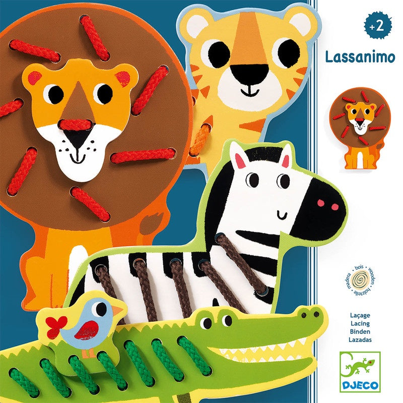 Djeco Wooden Lacing Animals Toy Set - Montessori Educational Threading Beads for Toddlers - Fine Motor Skills Development Activity for Kids - Perfect for Preschool Learning & Travel Play