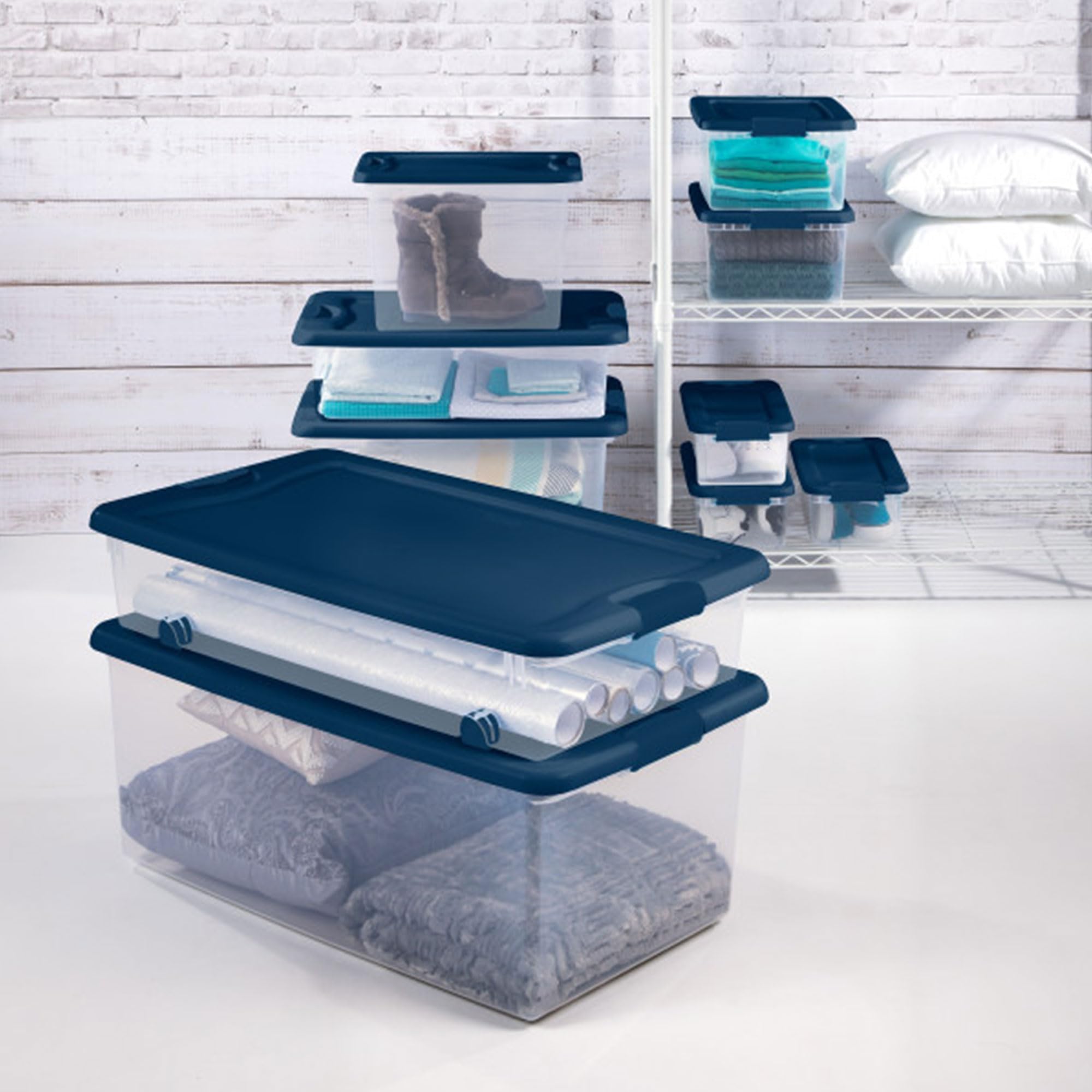 Sterilite 24-Pack 64 Qt Clear Plastic Storage Bins with Lids - Stackable Organizer Box Containers for Home, Office & Garage Organization (Blue)
