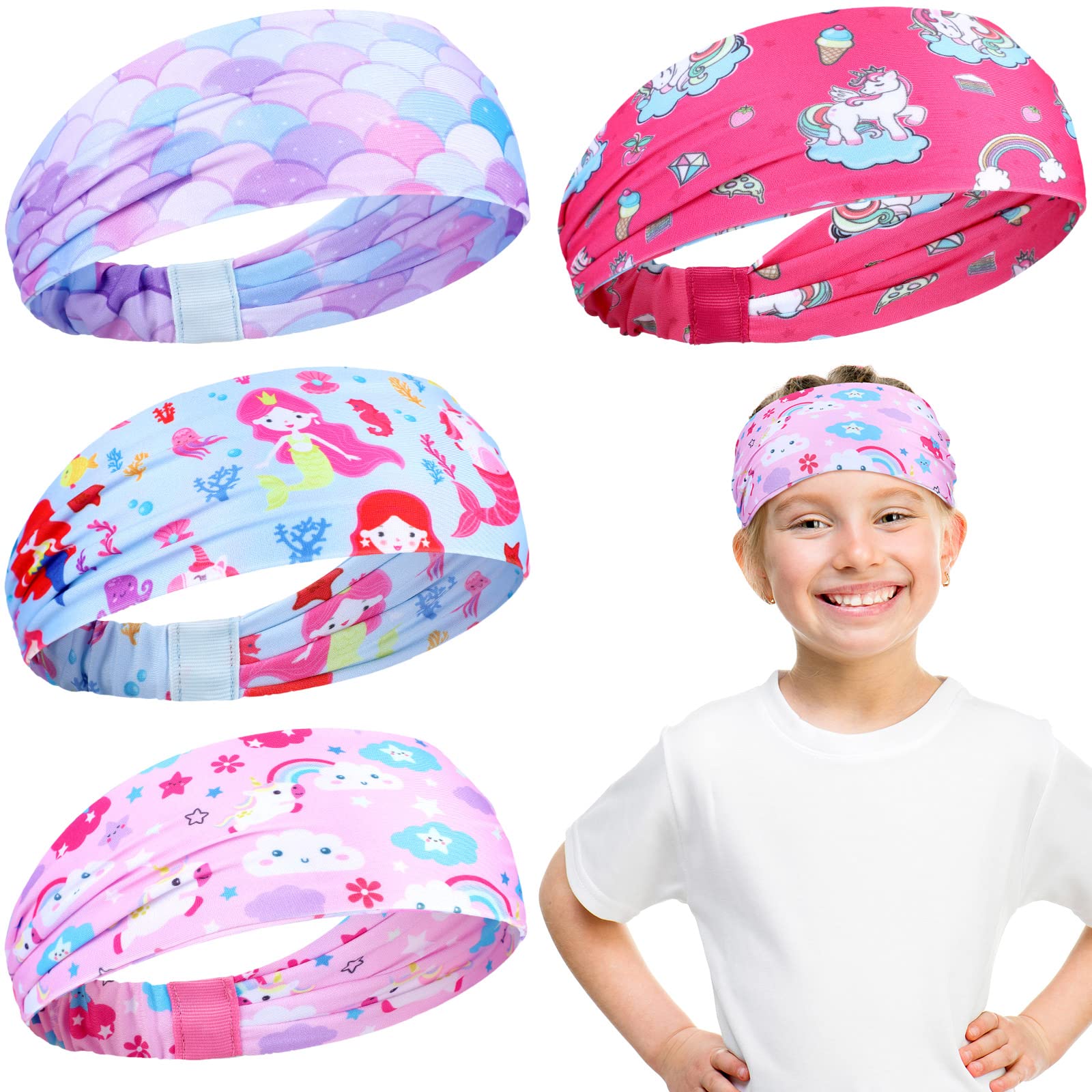 **4 Pack Kids Sports Headbands for Girls - Soft Elastic Sweatbands with Cute Unicorn & Mermaid Designs - Moisture Wicking Hair Bands for Workout, Yoga, Soccer, Tennis & Exercise - Perfect for Active Play & Gym Class**