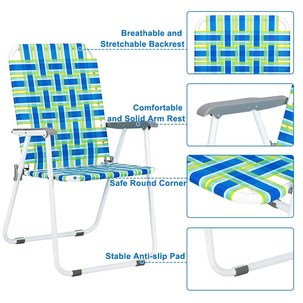 VINGLI 4-Pack Folding Webbed Patio Chairs - Lightweight Outdoor Beach Chairs for Backyard, Garden, Picnic & Camping (Blue, Classic) - Perfect for Relaxing, Dining & Outdoor Gatherings