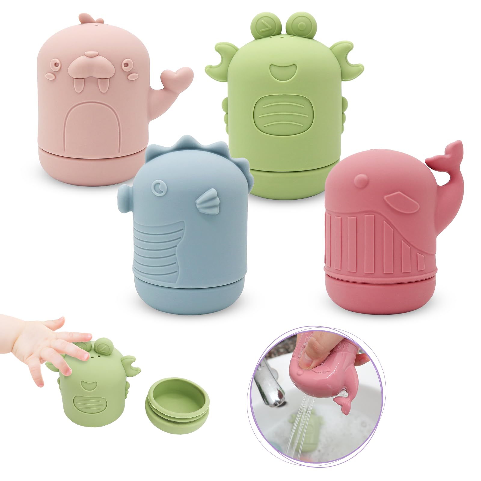 **Iselyn 4-Pack Non-Toxic Silicone Baby Bath Toys for Toddlers 1-3 Years – Marine Animal Shapes, Mold-Free & Dishwasher Safe – Fun Bathtime Learning for Kids**    *(Perfect for Sensory Play, Early Learning, and Making Bath Time Enjoyable!)*