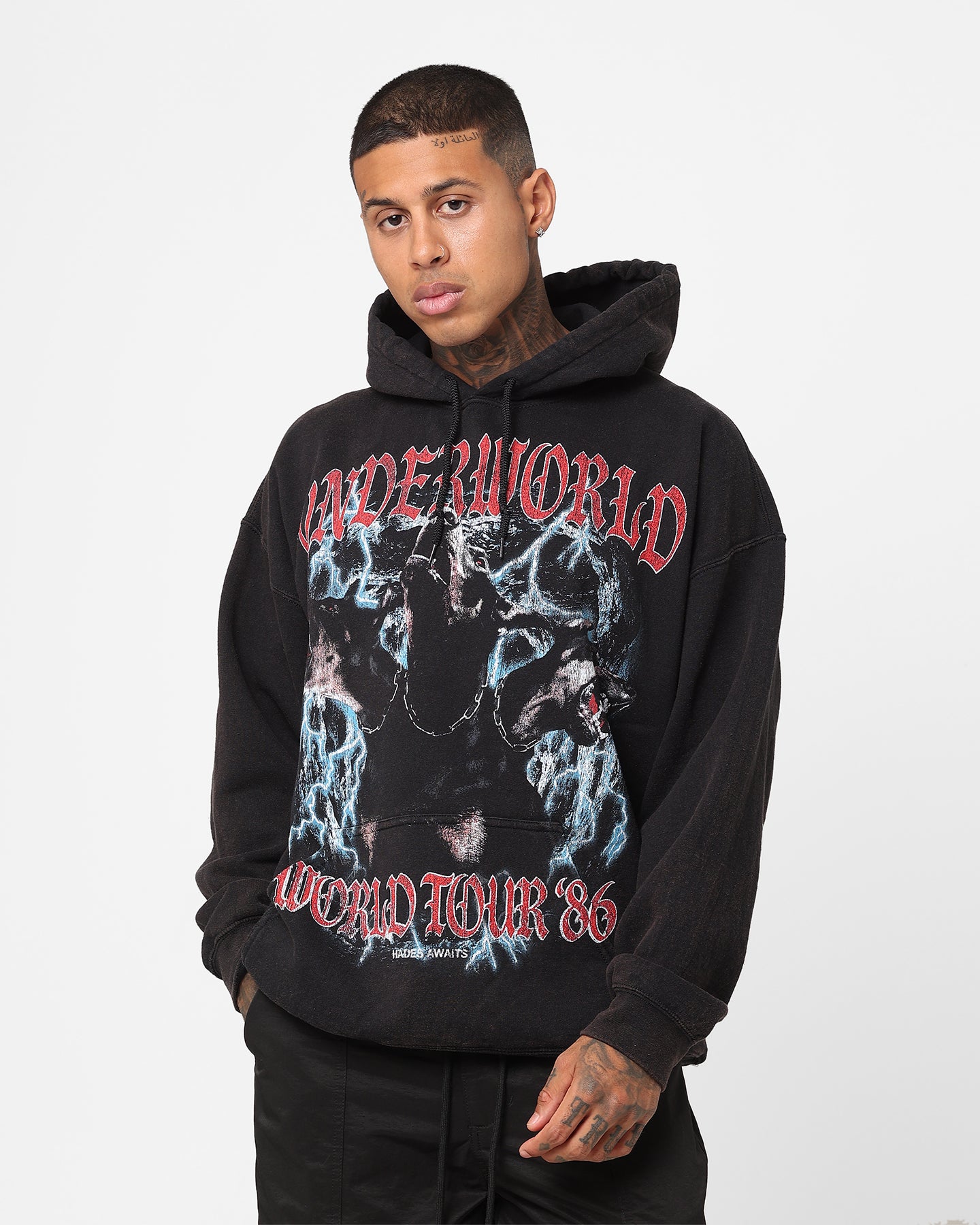 Vintage American Thrift Underworld Tour Hoodie - Distressed Black Wash | Streetwear Fashion for Concerts & Urban Style