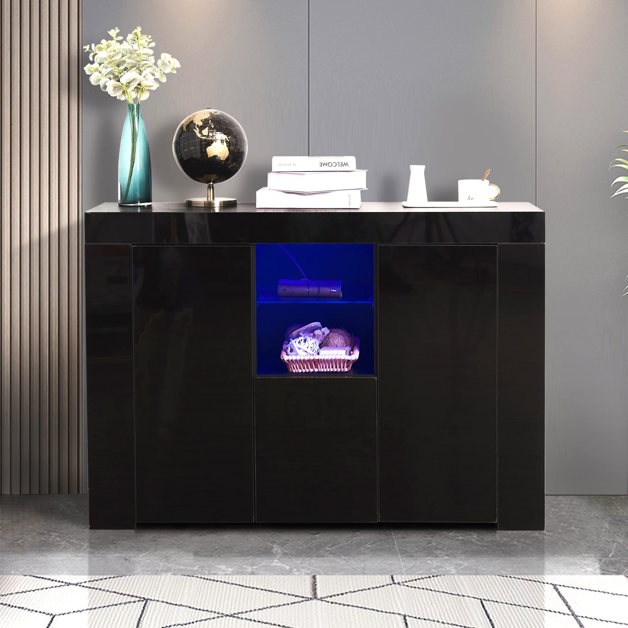Modern High Gloss Kitchen Buffet Cabinet with LED Lighting - Black Storage Sideboard for Dining Room, Living Room & Hallway | Stylish Display Cupboard for Home Decor & Entertaining