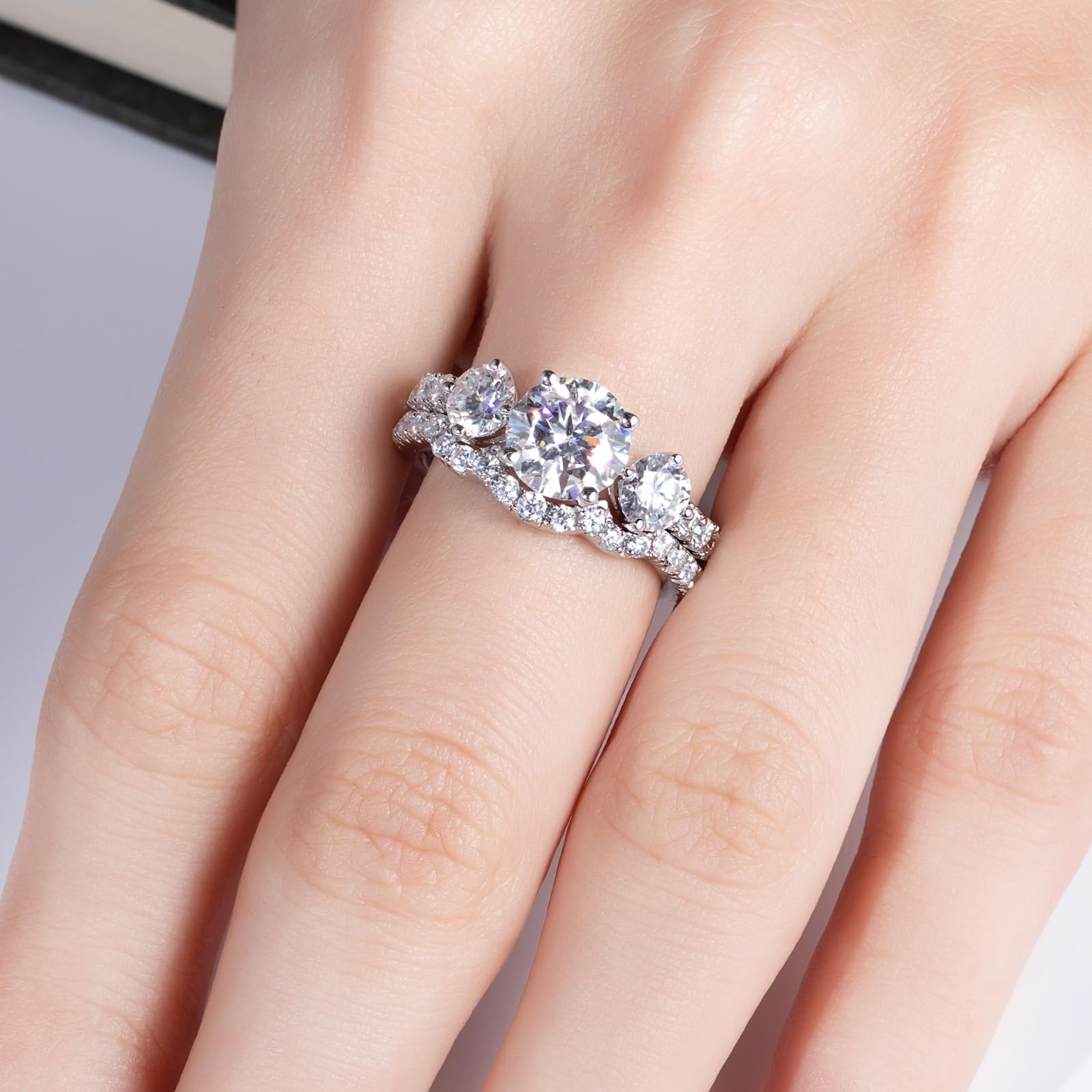 3.7CTTW D Color VVS1 Clarity Round Brilliant Cut Moissanite Wedding Rings Set - 925 Sterling Silver Bridal Engagement Ring for Women with Certificate | Perfect for Proposals, Anniversaries & Special Occasions