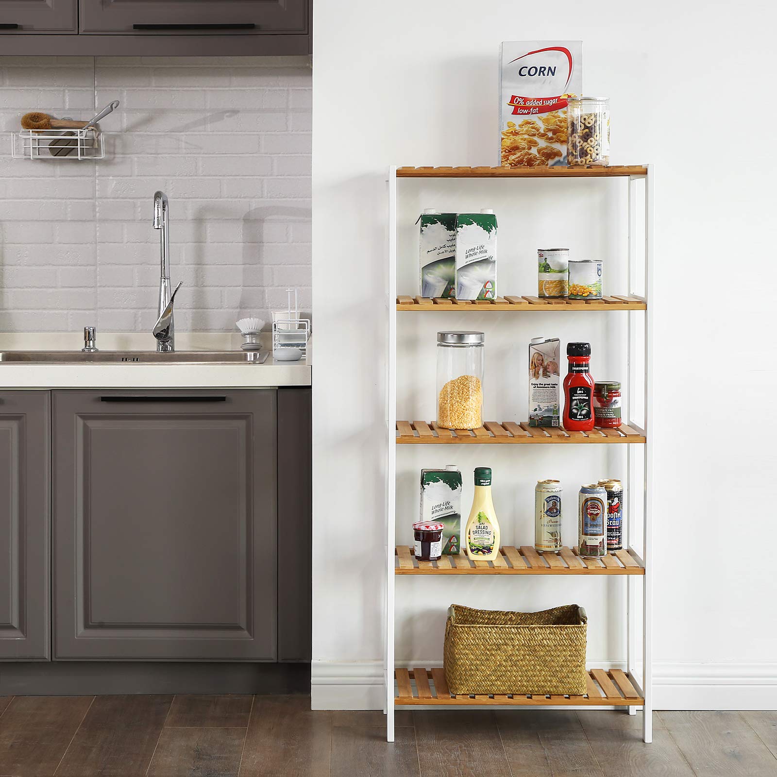 SONGMICS 5-Tier Bamboo Storage Shelf - Multifunctional Organizer for Hallway, Bathroom, Living Room, Balcony & Kitchen - White & Natural Wood Shelving Unit 26