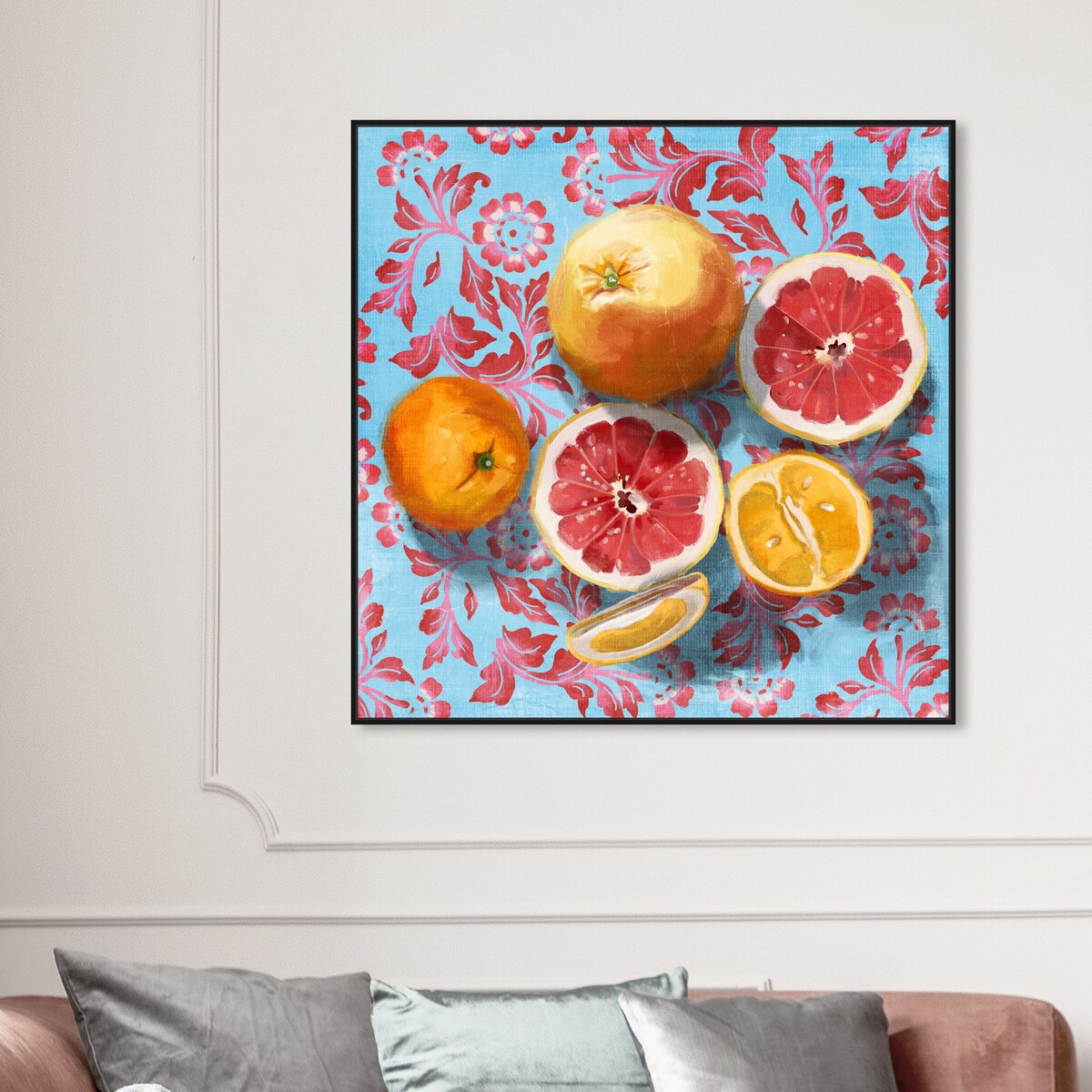 Tropical Citrus Still Life Blue Framed Canvas Wall Art Print - Sour Fruit Kitchen Decor for Cabin & Lodge - Perfect for Farmhouse, Dining Room & Country Style Homes