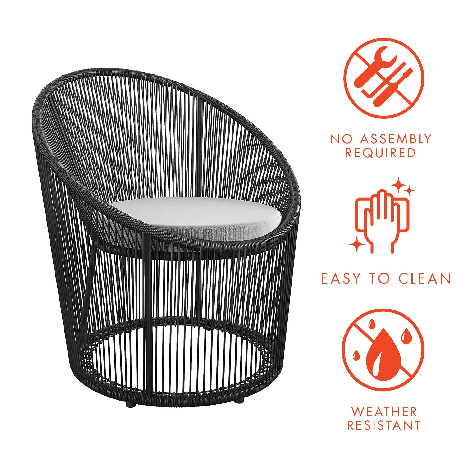 CosmoLiving by Cosmopolitan 88282BLK1E Taura Collection Black Resin Rope Outdoor Lounge Chair with Light Gray Cushion - Perfect for Patio, Poolside, and Garden Relaxation