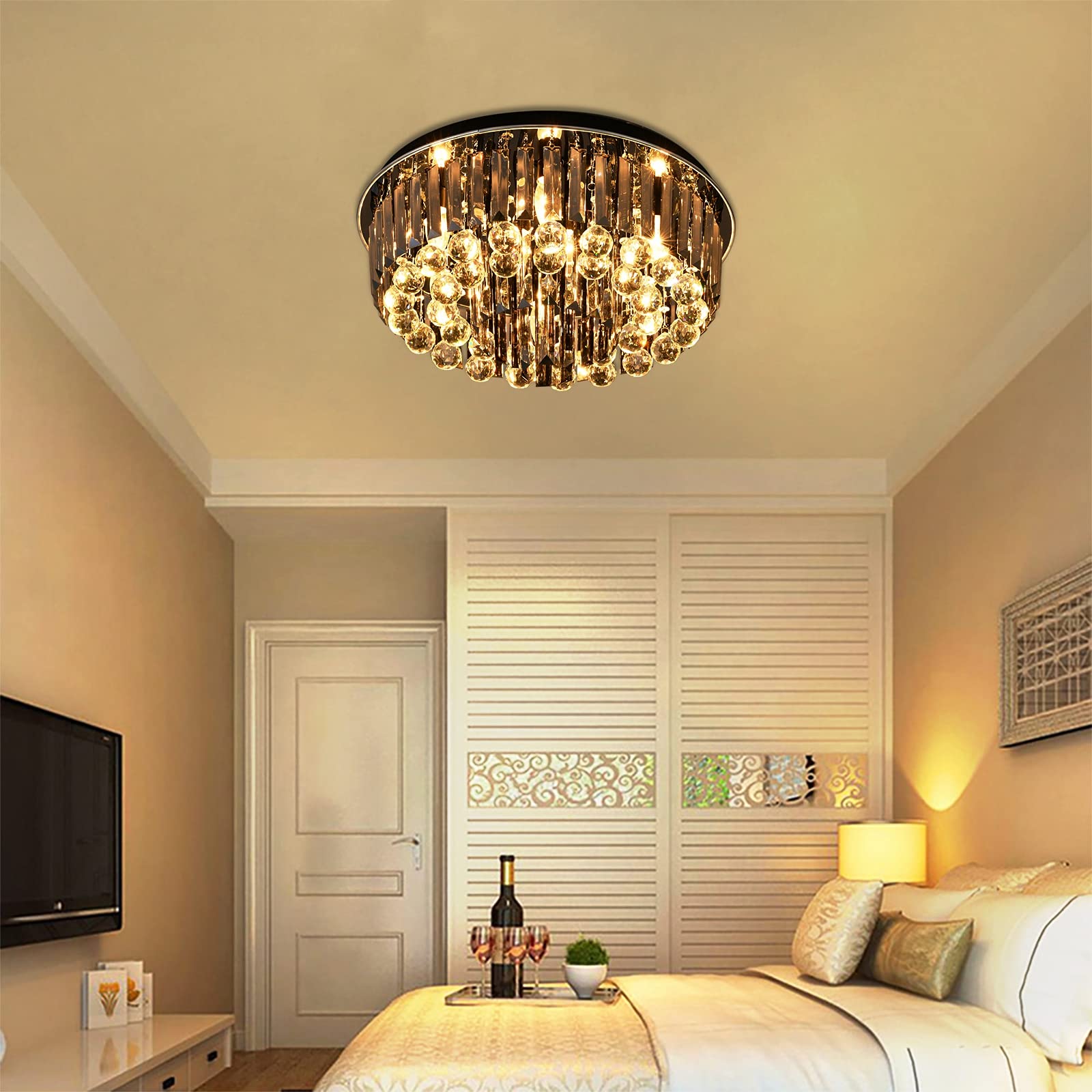 6-Light Modern Crystal Chandelier with Smoky Gray Rectangle & Clear Raindrop Crystals - 20