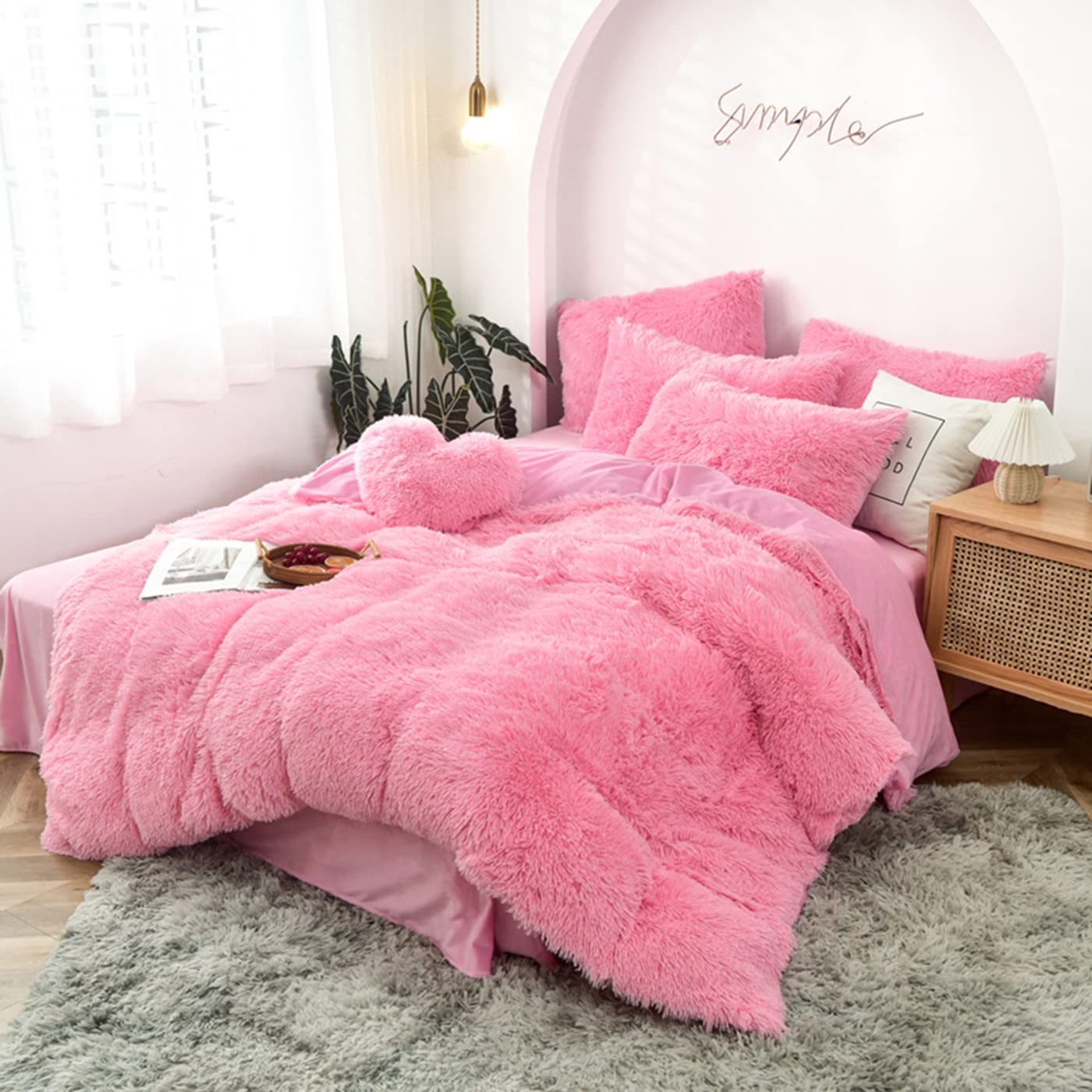 MorroMorn 5-Piece Shaggy Duvet Cover Set - Long Faux Fur Luxury Ultra Soft Bedding (Pink, Full/Queen Size) for Cozy Winter Nights & Stylish Bedroom Decor