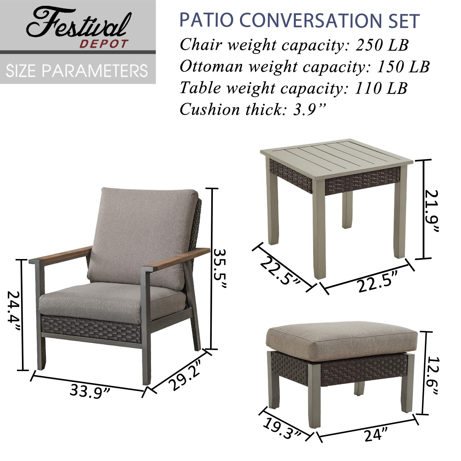 5-Piece Outdoor Patio Furniture Set with Conversation Chairs, Cushions, Ottomans & Square Coffee Table - Metal Frame Garden Bistro Seating with Thick Soft Cushions (Grey) - Perfect for Backyard, Poolside, and Outdoor Entertaining