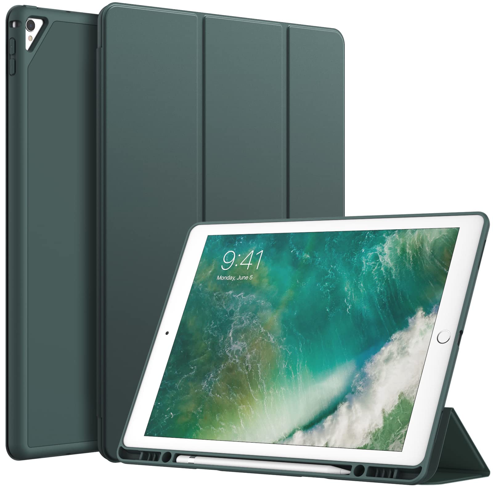 JETech Slim Protective Case for iPad Pro 12.9 Inch (1st & 2nd Gen 2015/2017 Models) - Lightweight TPU Cover with Apple Pencil Holder & Auto Wake/Sleep Feature - Misty Blue - Perfect for Work, School & Travel