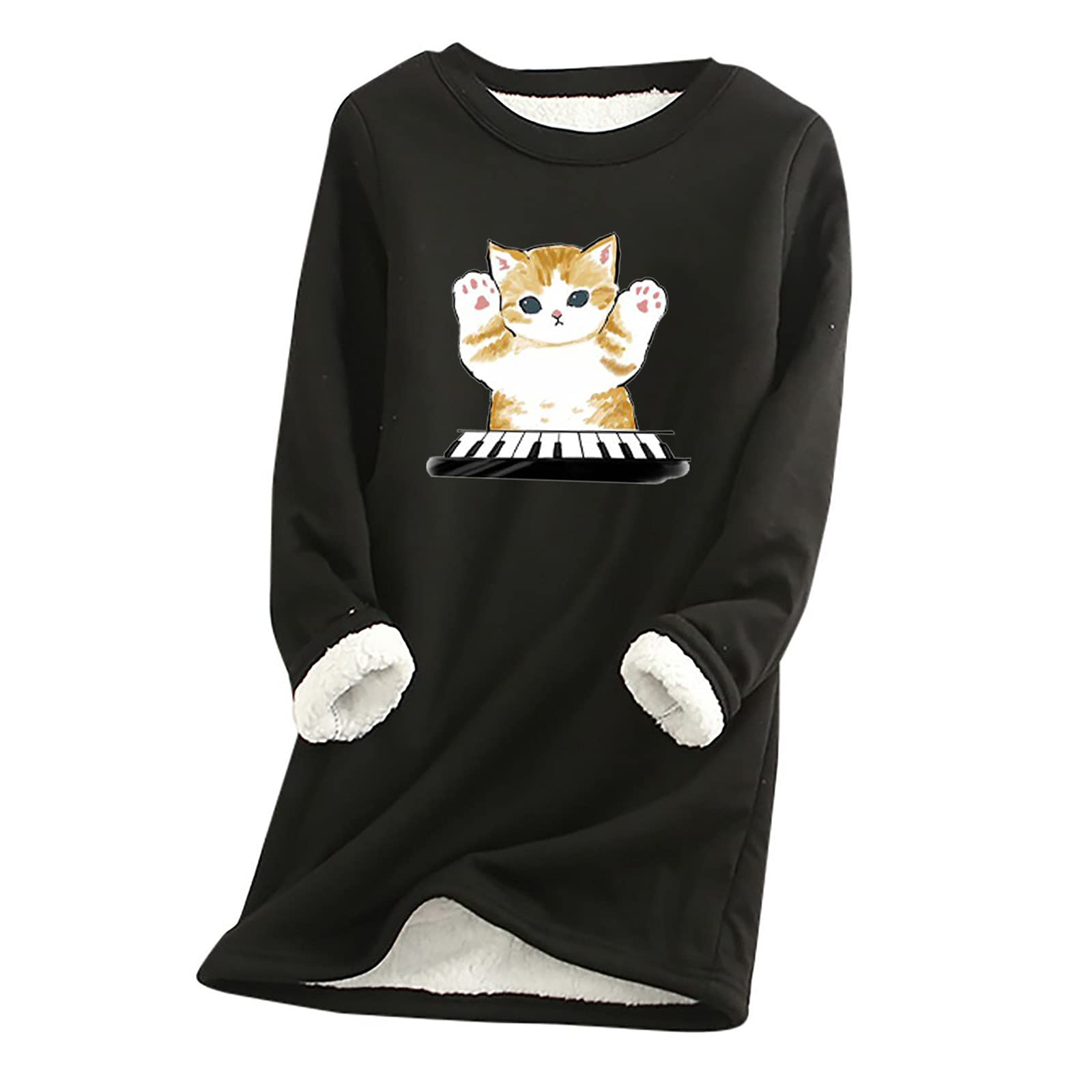 Women's Long Sleeve Casual T-Shirt Dress with Cute Cat Print - Crew Neck Fleece Loungewear Nightgown for Fall & Winter - Cozy Thermal Sleepwear for Home, Travel and Relaxation