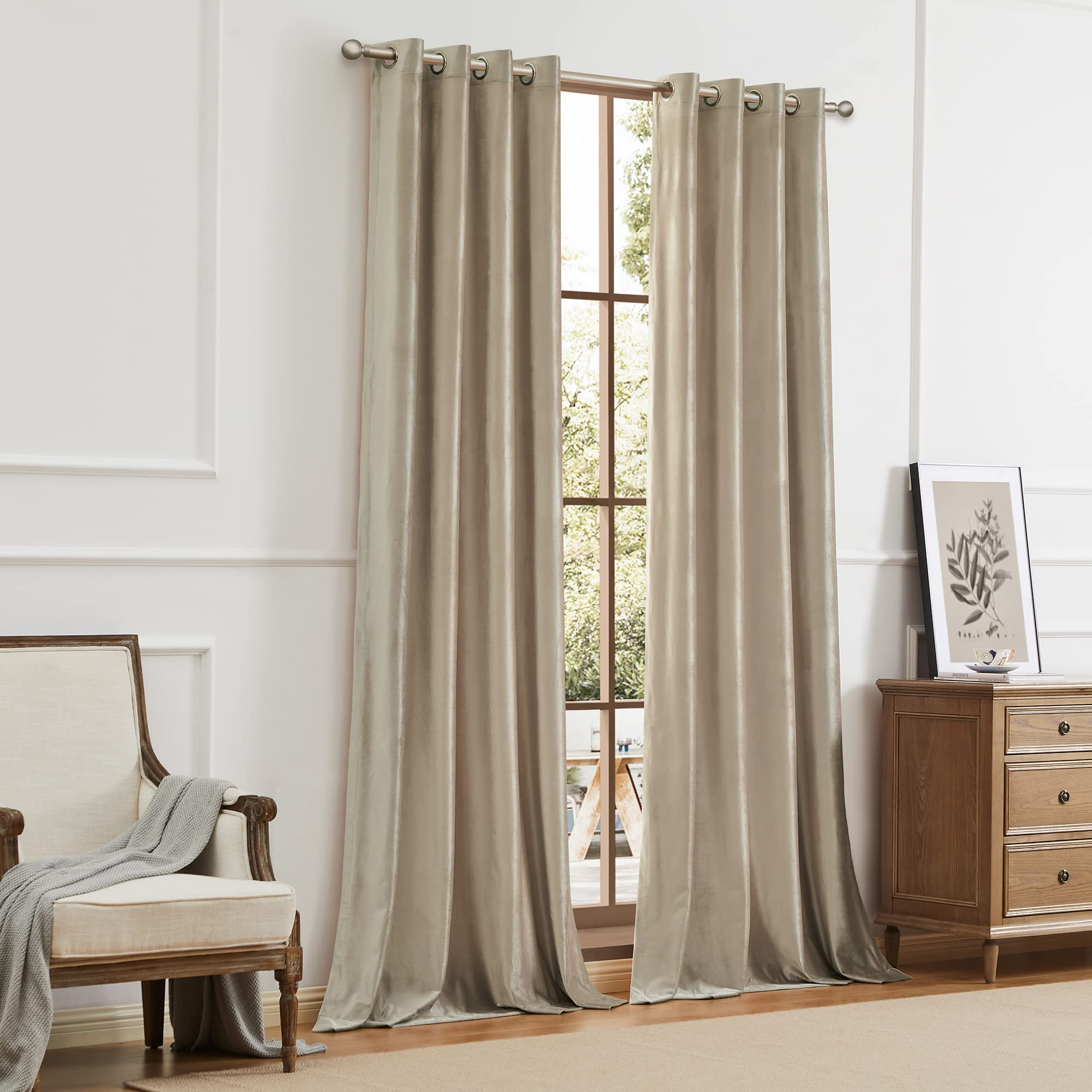 BULBUL Champagne Velvet Blackout Curtains 120 Inch Length - 2 Panels Thermal Insulated Room Darkening Window Drapes for Living Room & Bedroom, Beige Grommet Curtains for Home Decor & Light Control