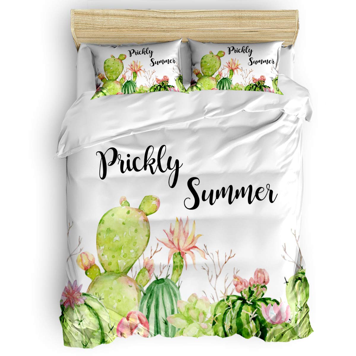 4-Piece Twin Bedding Set - Summer Tropical Watercolor Cactus Comforter Cover & Sheet with 2 Pillowcases for Kids' Bedroom | Soft Green Plant Print on White Background | Perfect for Girls, Boys & Teens Bedroom Decor