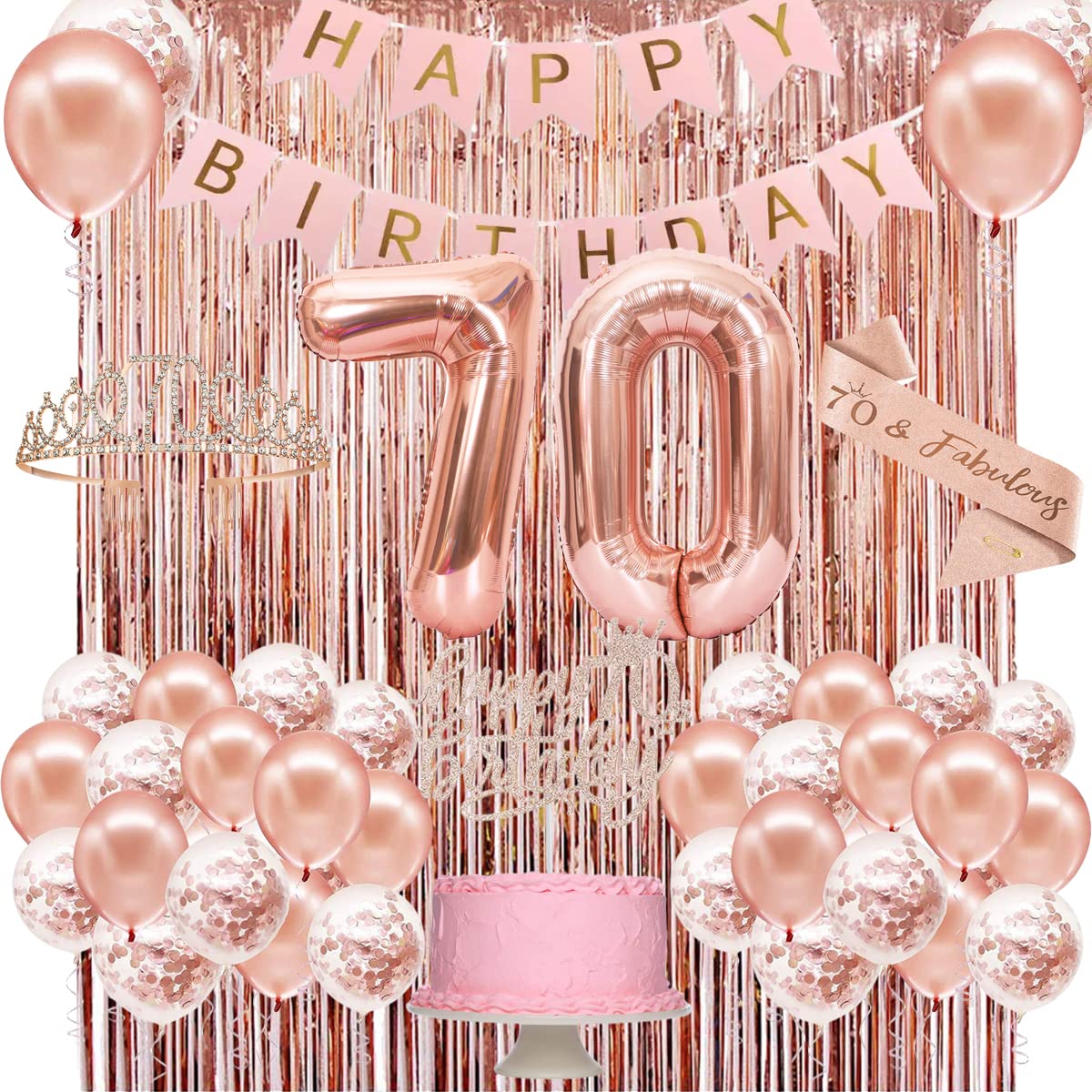 Elegant Rose Gold 70th Birthday Party Decorations Set for Women - Includes Banner, Crown, Sash, Cake Topper & Number Balloon - Perfect 70th Birthday Gifts & Celebration Decor for Women - Ideal for Milestone Birthday Parties, Retirement Celebrations & Special Occasions