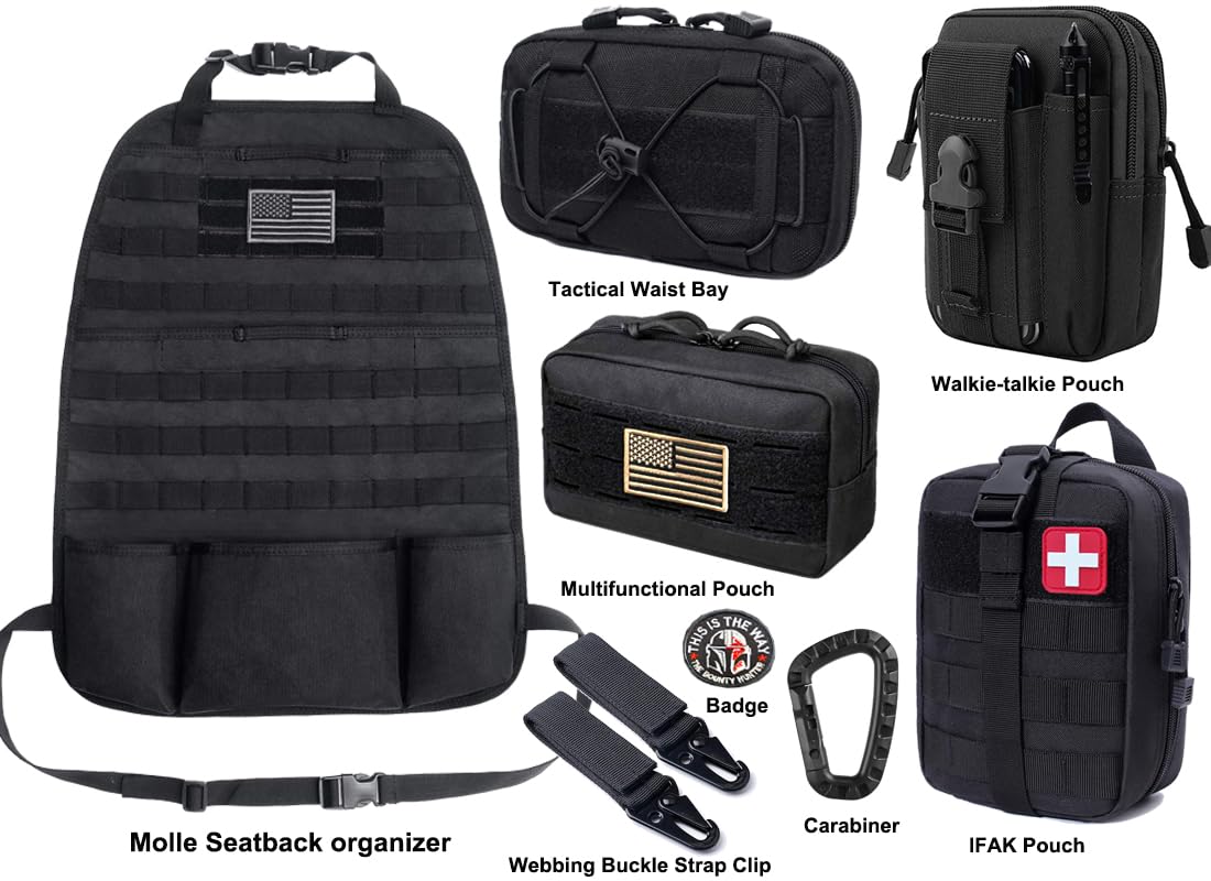 Tactical Molle Seat Back Organizer - Universal Car Seat Cover Organizer Panel with Multiple Pouches for Storage (Black) | Perfect for SUV, Truck & Off-Road Vehicle Organization