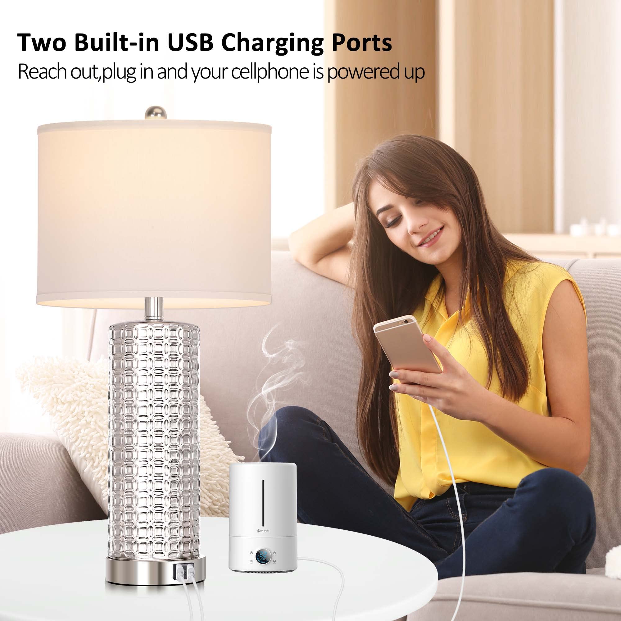 Modern Silver Table Lamps Set of 2 - USB Charging Bedside Lamps with 3-Way Dimmable Touch Control & White Drum Shade - Includes Bulbs - Perfect for Living Room, Bedroom, Office or Nursery Lighting