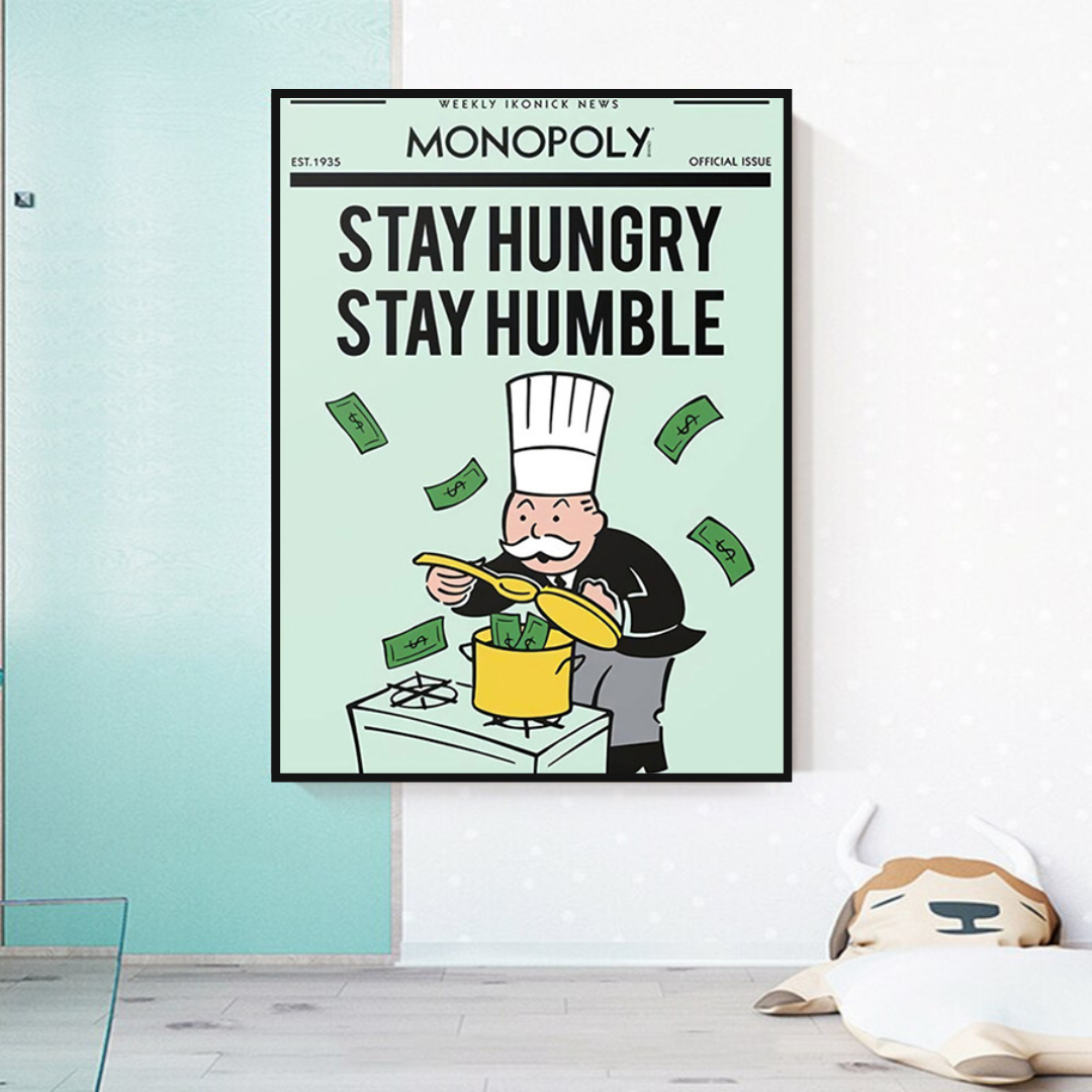 Alec Monopoly Stay Hungry Stay Humble Canvas Wall Art - Pop Culture Playing Card Inspired Painting for Home & Office Decor
