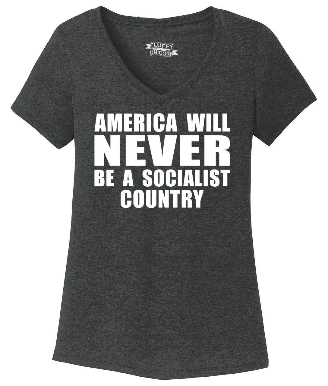 Funny Patriotic Women's T-Shirt - 'America Will Never Be A Socialist Country' Slogan - Soft Tri-Blend V-Neck Tee - Perfect for Political Rallies, Fourth of July & Conservative Events