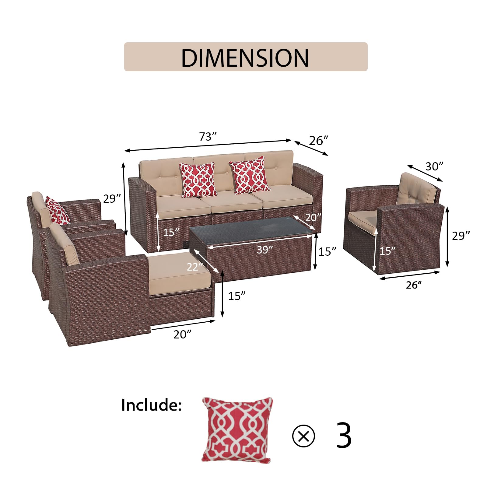 Super Patio 8-Piece Outdoor Furniture Set - All-Weather PE Wicker Sectional Sofa with Ottoman, Tempered Glass Coffee Table & 3 Red Pillows (Espresso Brown) - Perfect for Backyard, Garden, and Poolside Relaxation