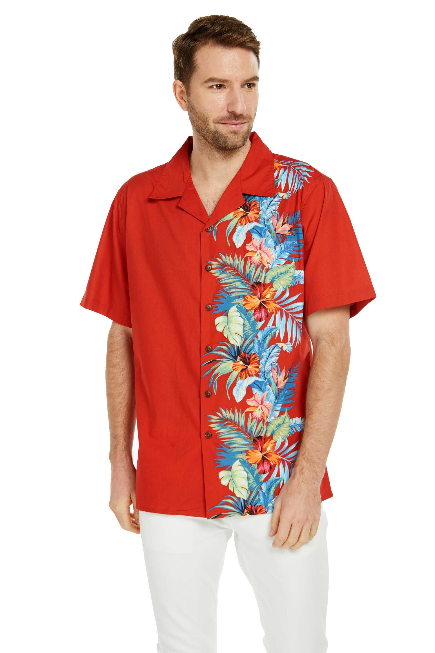 Matching Couple Hawaiian Luau Aloha Shirts - Round Neck Floral Dress in Navy Blue | Tropical Vacation, Beach Party, Summer Outfits