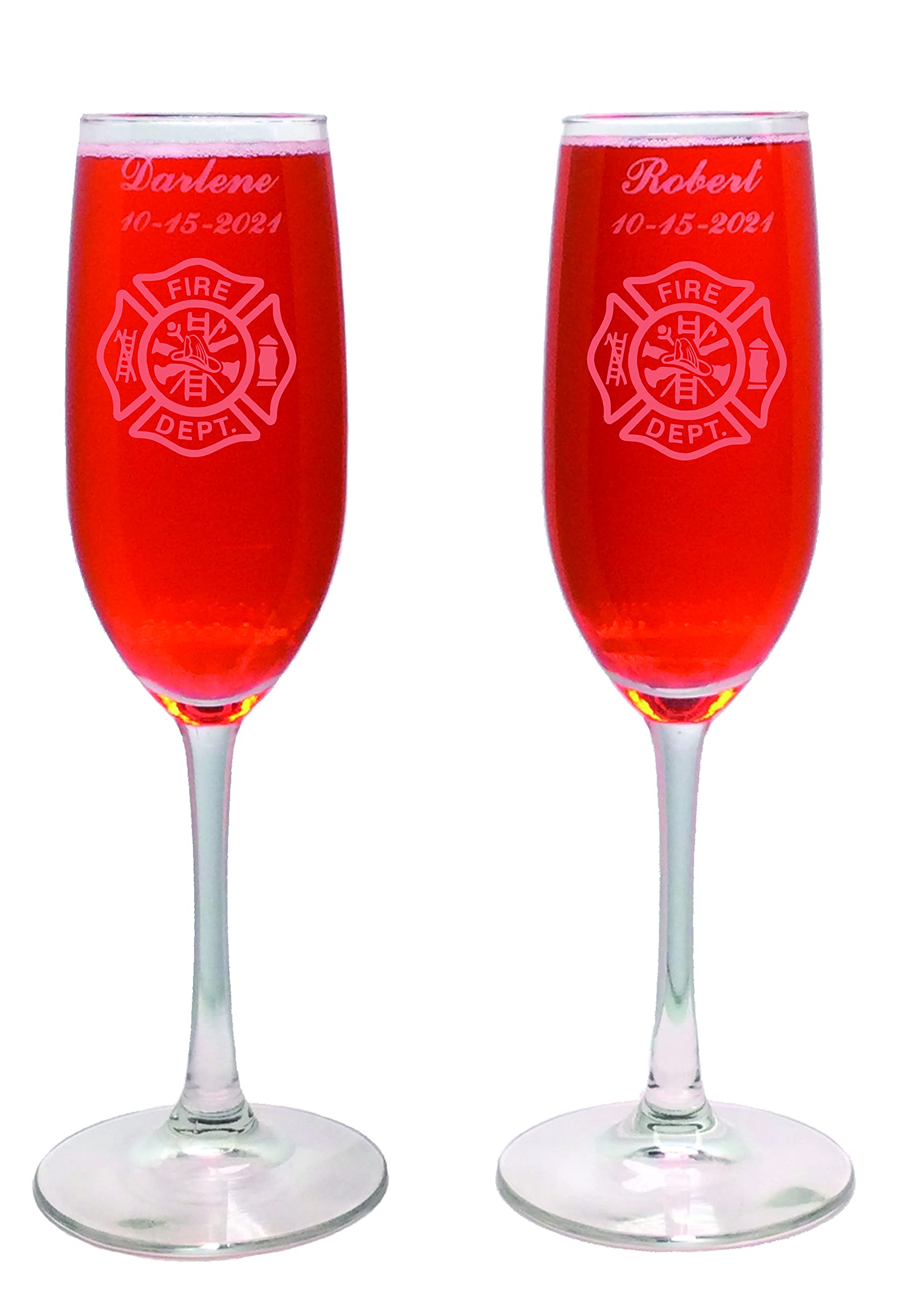 Personalized Firefighter Maltese Cross Wedding Flute Glasses & Cake Knife Set - Custom Engraved with Names & Date - Perfect for Firefighter-Themed Weddings, Anniversaries, and Retirement Celebrations