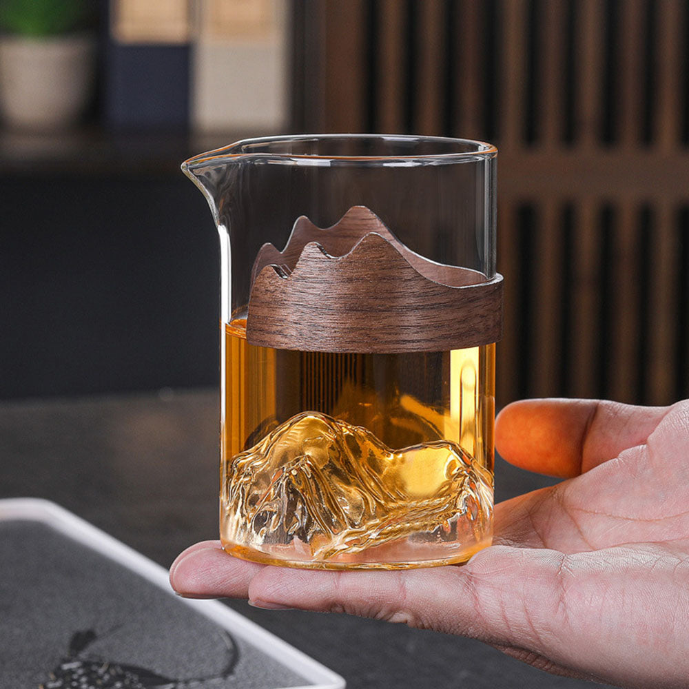Premium Mountain Glass Fair Cup with Natural Bamboo Handle - Perfect for Tea, Coffee & Hot Beverages at Home, Office or Outdoor Camping
