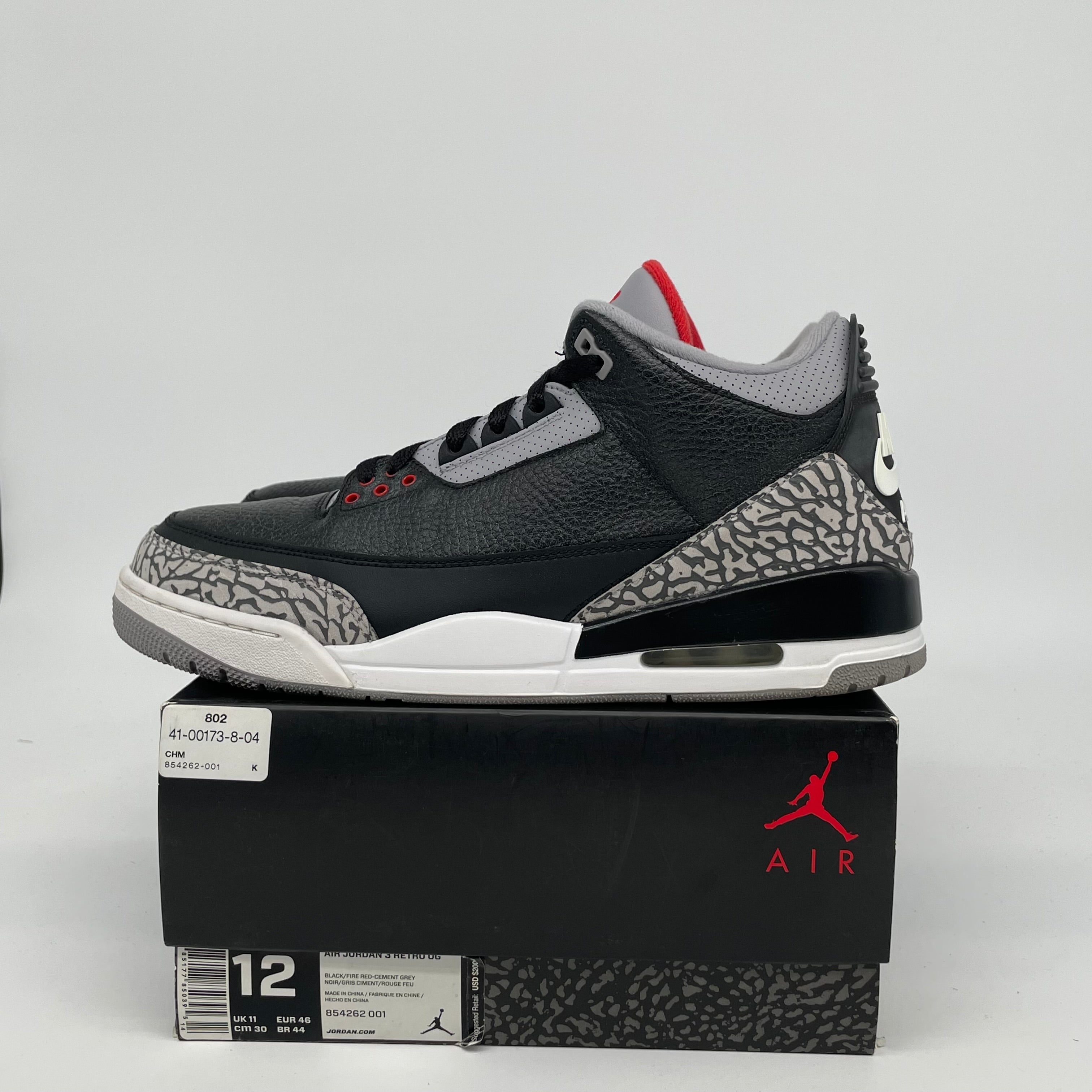 Original: AIR JORDAN 3 BLACK CEMENT SIZE 12 854262 001   Optimized: Air Jordan 3 Retro Black Cement Men's Basketball Shoes Size 12 (854262-001) - Authentic Sneakers for Streetwear & Basketball Games