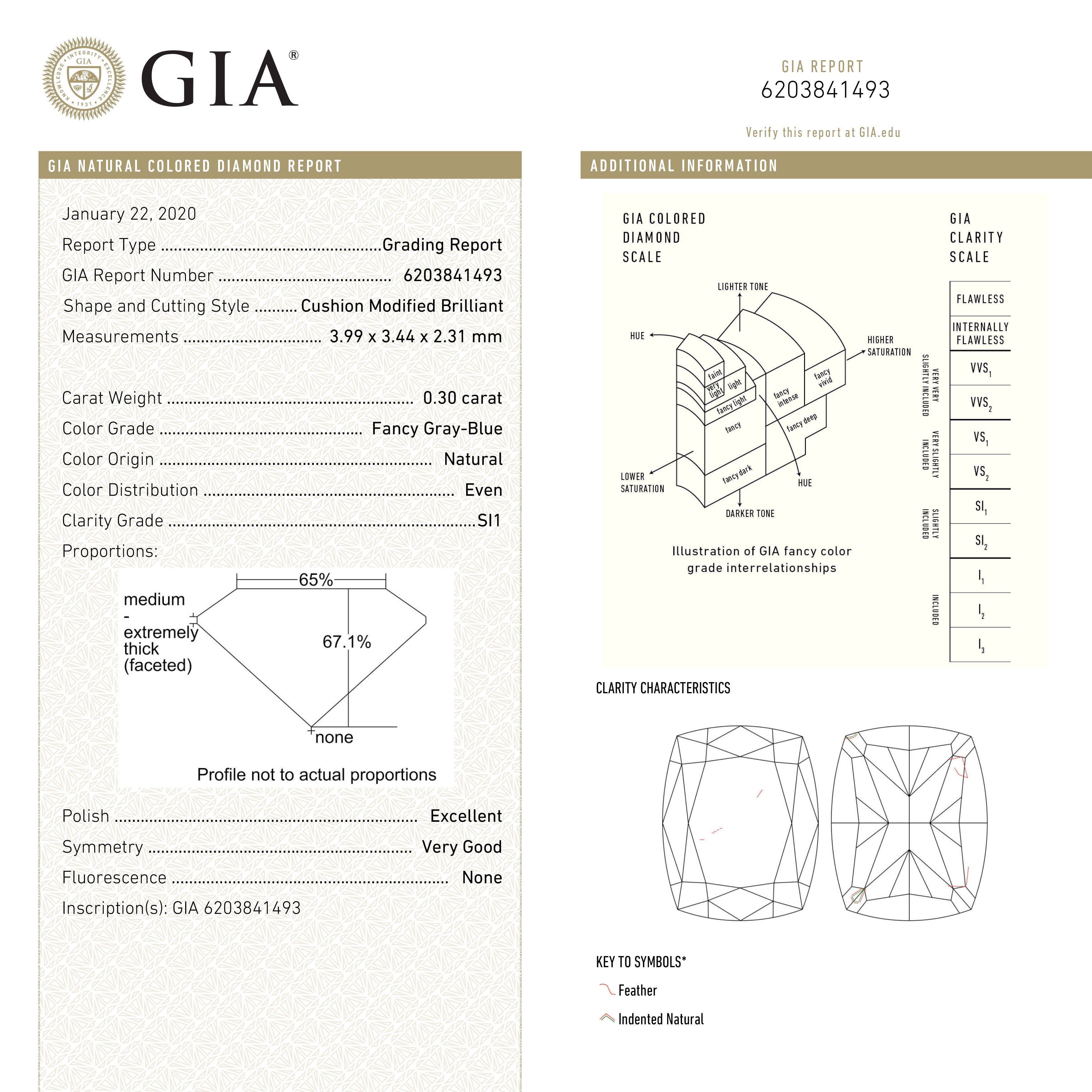 0.30ct GIA Certified Fancy Grey Blue Cushion Cut Diamond (3.99x3.44x2.31mm) - SI1 Clarity, Brilliant Cut for Engagement Rings & Fine Jewelry