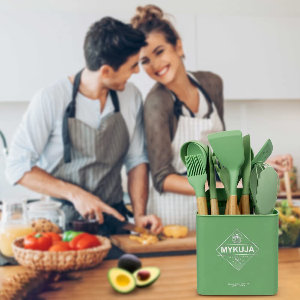MYKUJA 13-Piece Green Silicone Cooking Utensil Set - Heat Resistant, Non-Stick Kitchen Tools with Holder - Perfect for Baking, Frying & Cooking - Avocado Green Kitchen Decor & Gadgets