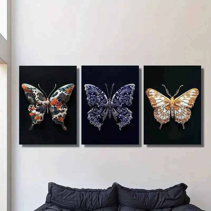 3-Piece Japanese Flower Butterfly Metal Print Wall Art - Black Background - Ready to Hang - Perfect for Living Room, Bedroom & Office Decor