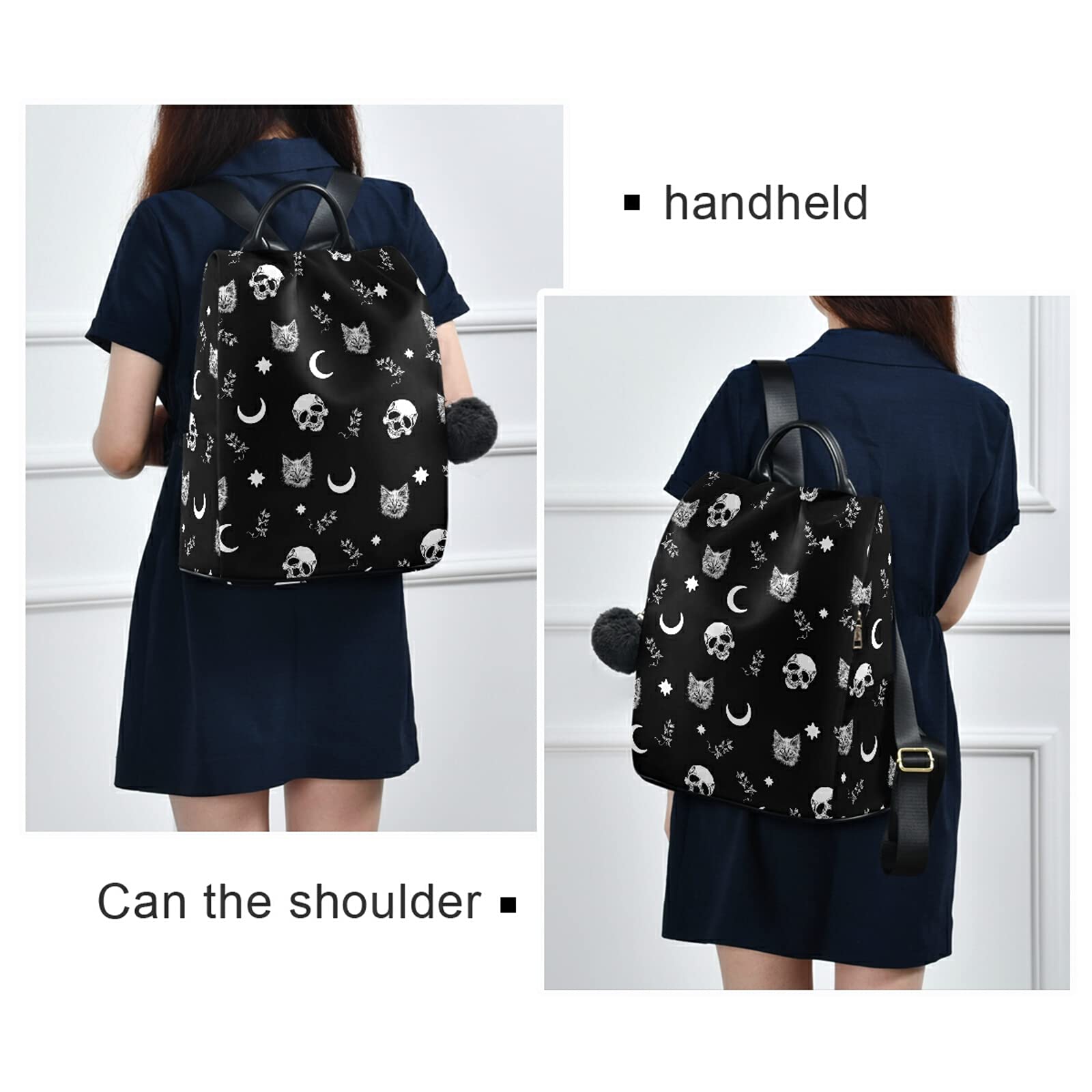 Gothic Skull Cat Moon Backpack for Women - Anti-Theft Nylon Travel Backpack, Lightweight Shoulder Bag with Plush Ball Keychain - Perfect for Halloween, Cosplay, Anime Conventions & Gothic Fashion